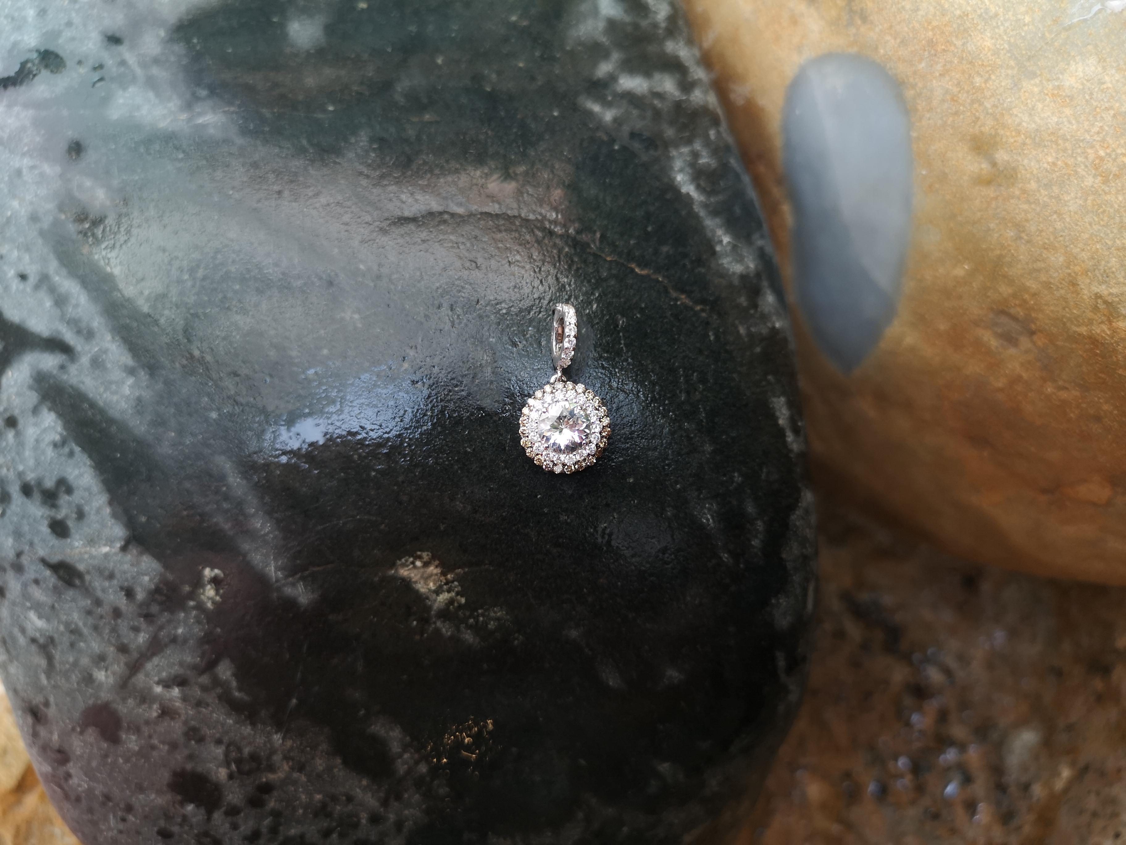 White Sapphire with Brown Diamond and Diamond Pendant Set in 18 Karat White Gold For Sale 1