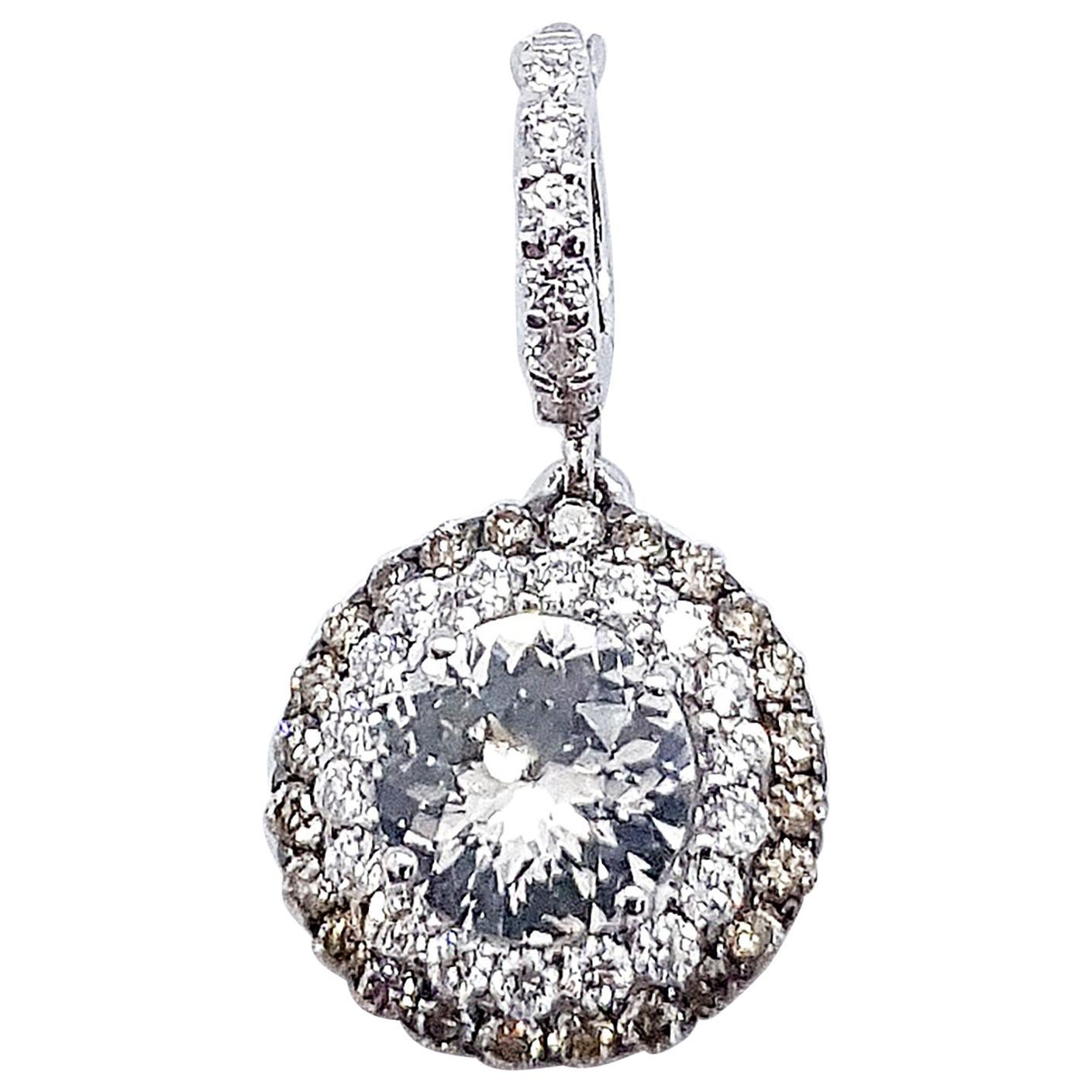 White Sapphire with Brown Diamond and Diamond Pendant Set in 18 Karat White Gold For Sale