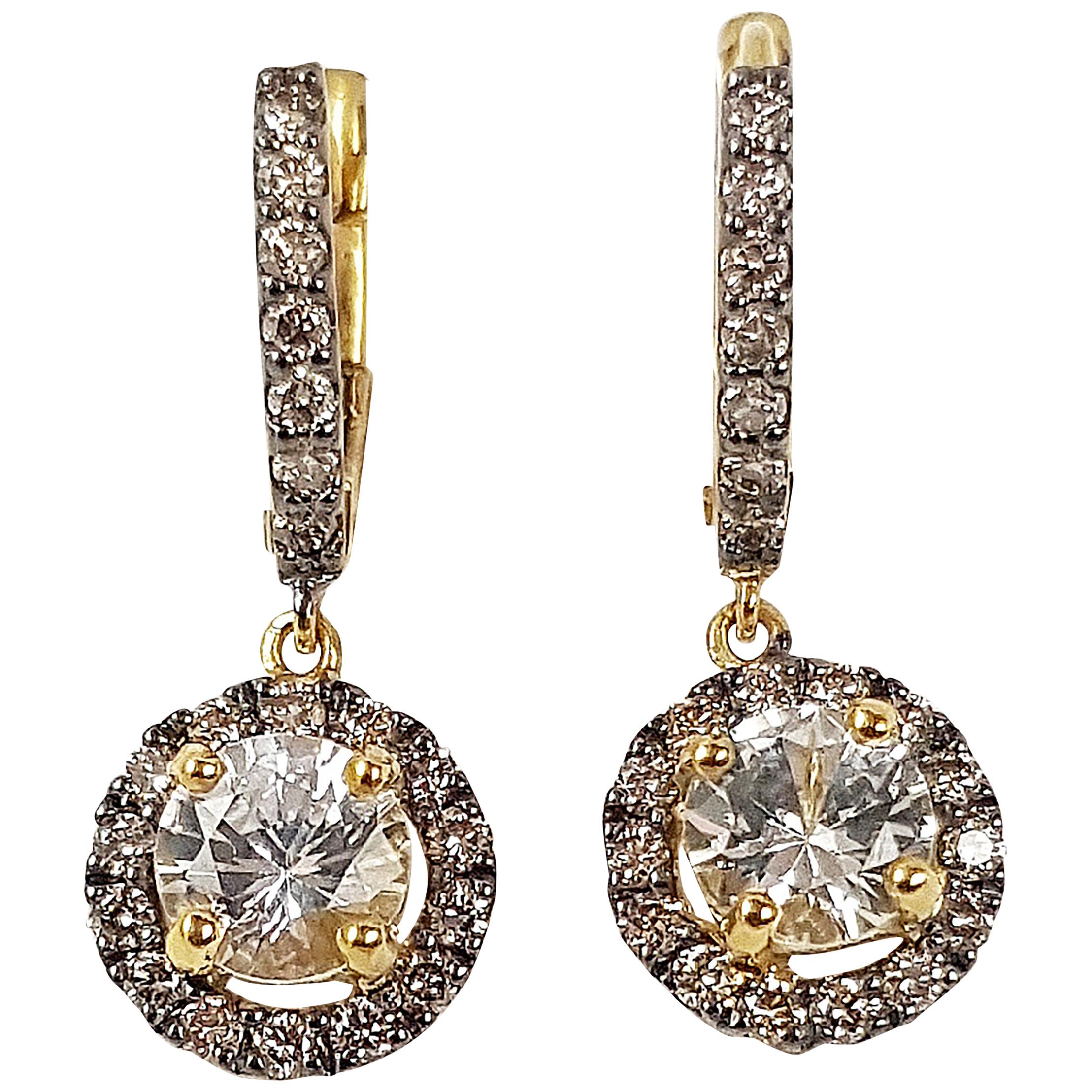 White Sapphire with Brown Diamond Earrings Set in 18 Karat Gold Settings