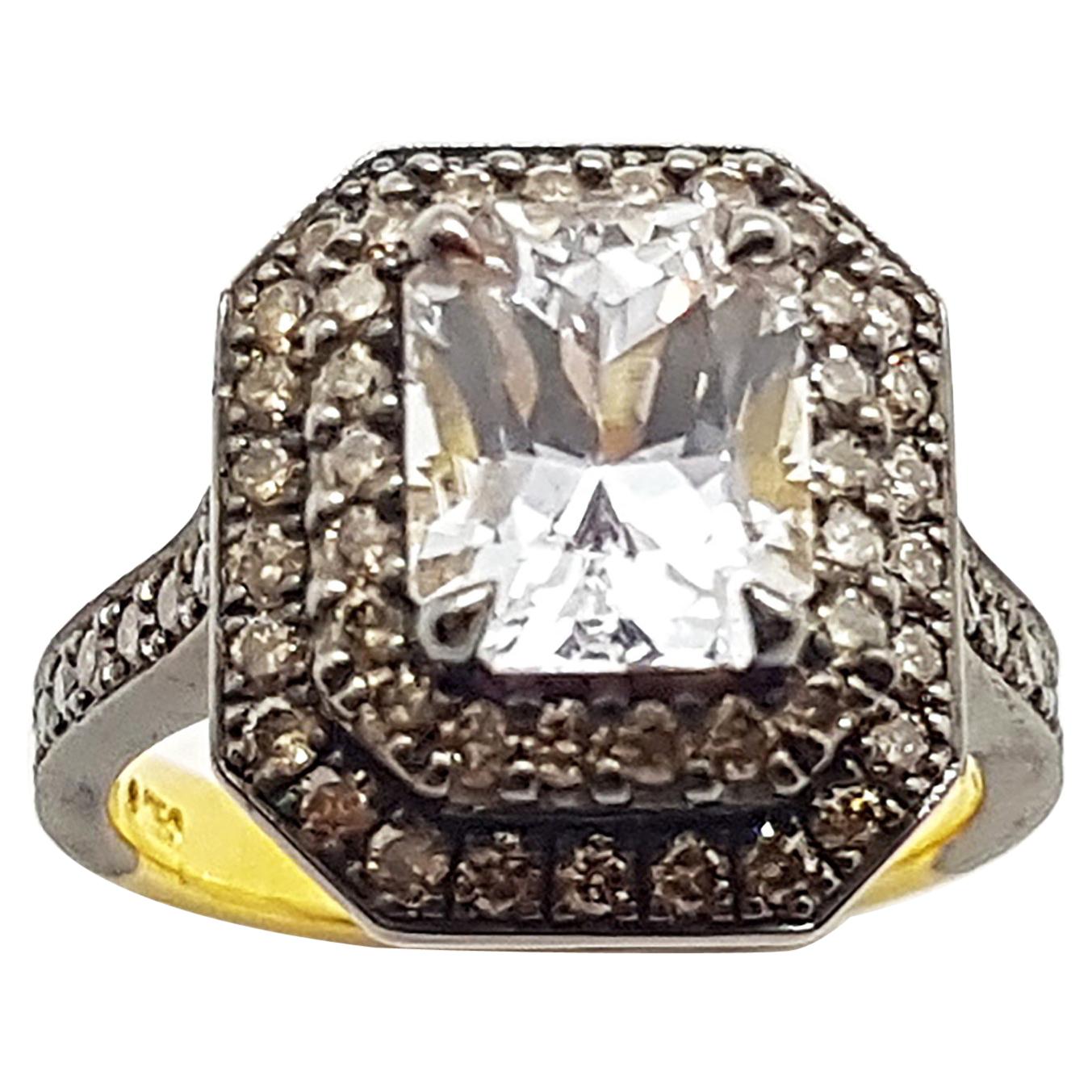 White Sapphire with Brown Diamond Ring Set in 18 Karat Gold Settings For Sale