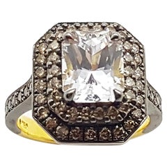 White Sapphire with Brown Diamond Ring Set in 18 Karat Gold Settings