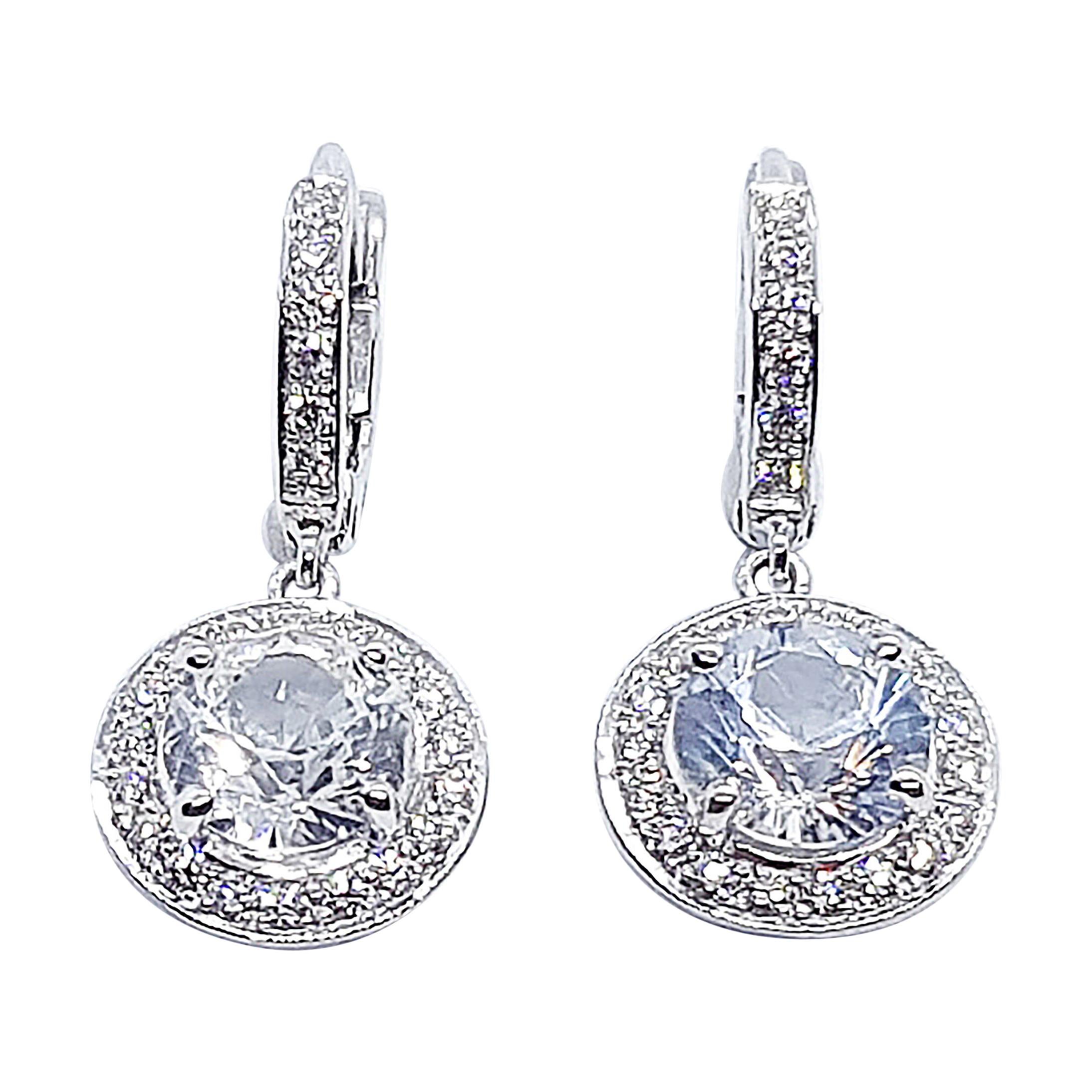 White Sapphire with Diamond Earrings Set in 18 Karat White Gold Settings For Sale