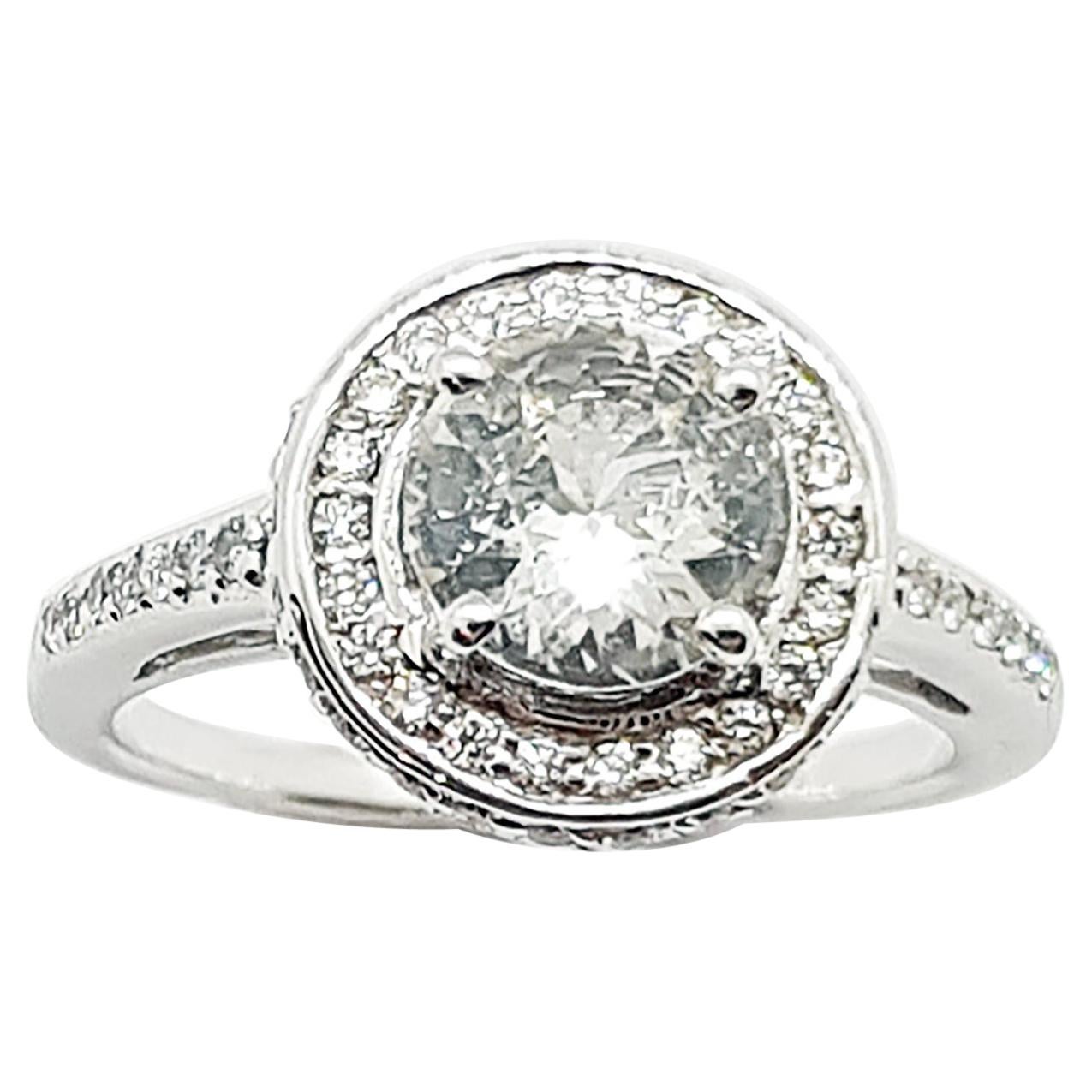White Sapphire with Diamond Engagement Ring Set in 18 Karat White Gold Settings For Sale