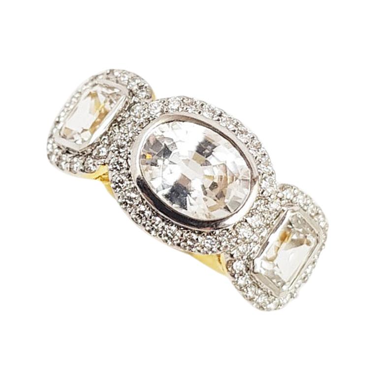 White Sapphire with Diamond Ring Set in 18 Karat Gold Settings For Sale