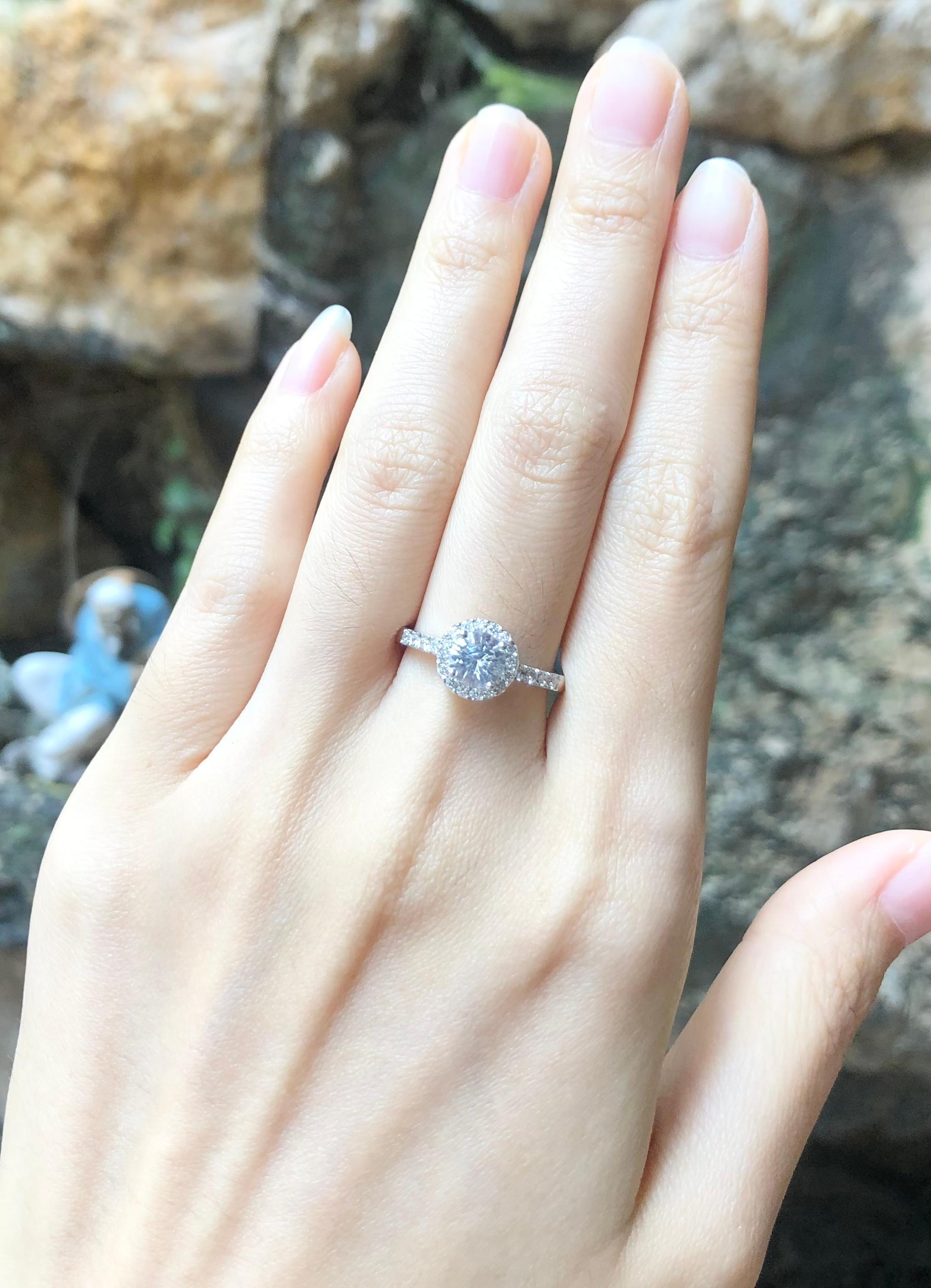 Round Cut White Sapphire with Diamond Ring Set in 18 Karat White Gold Settings For Sale