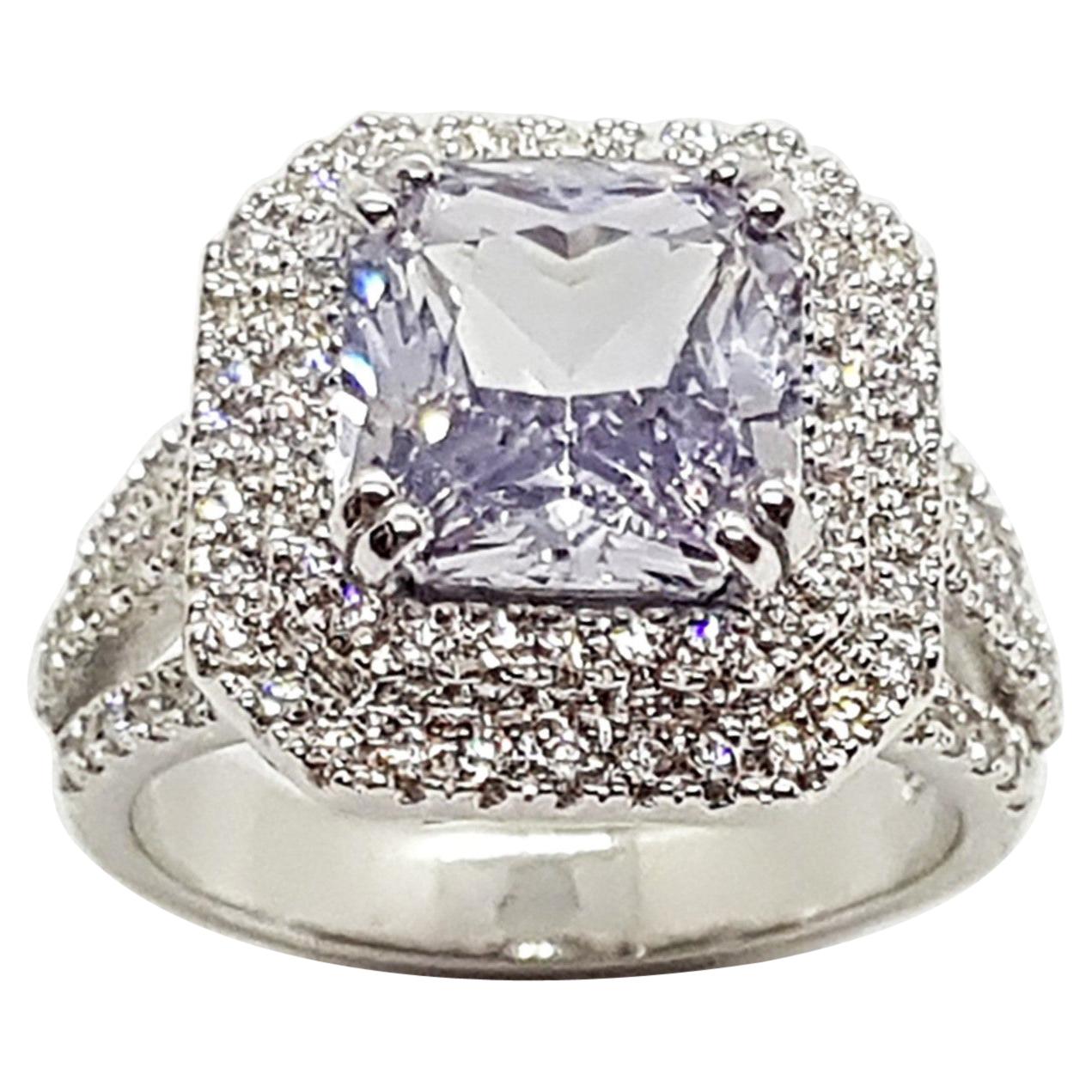 White Sapphire with Diamond Ring Set in 18 Karat White Gold Settings For Sale