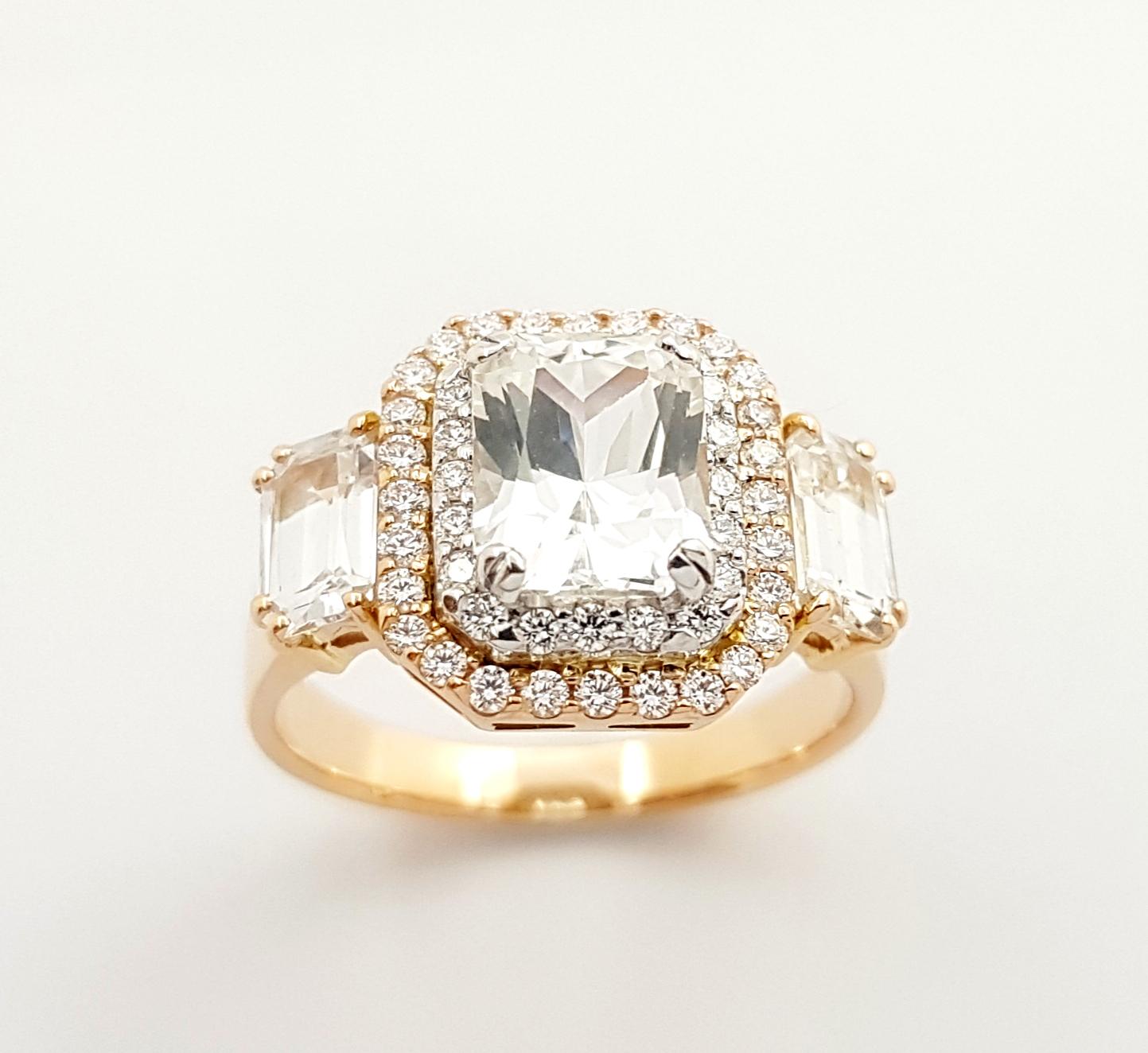 Women's White Sapphire with Diamond Ring Set in 18k Rose Gold Settings For Sale