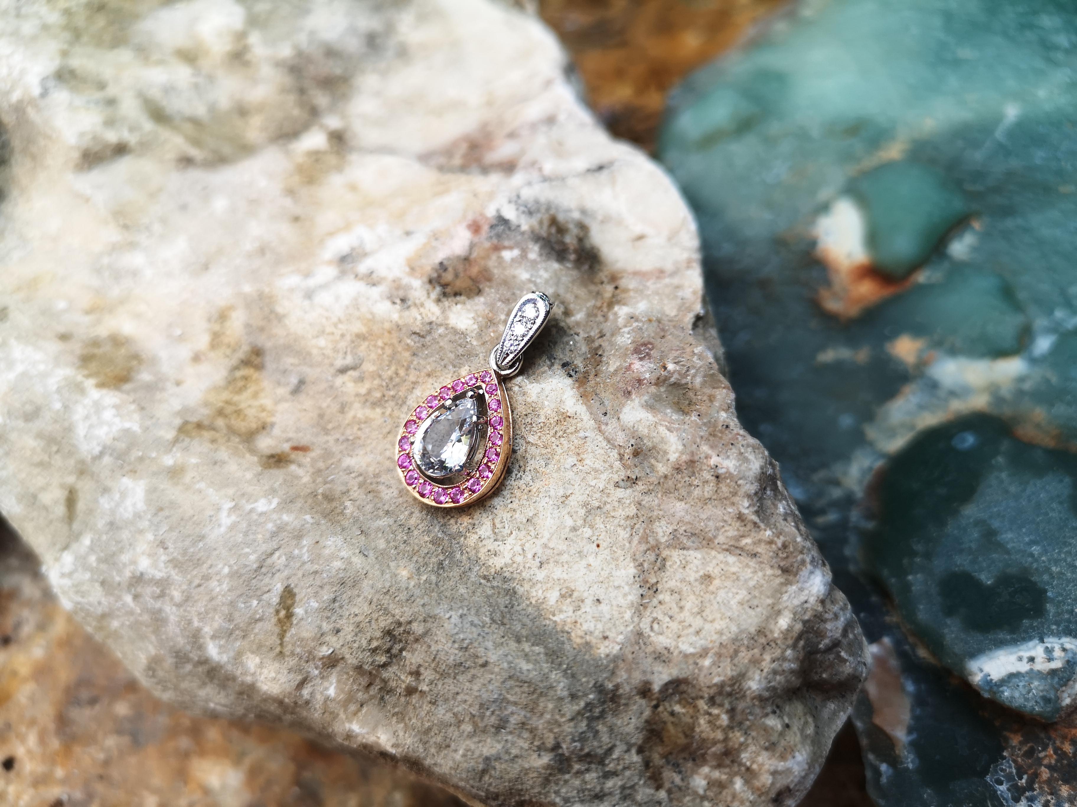 Pear Cut White Sapphire with Pink Sapphire and Diamond Pendant Set in 18 Karat White Gold For Sale