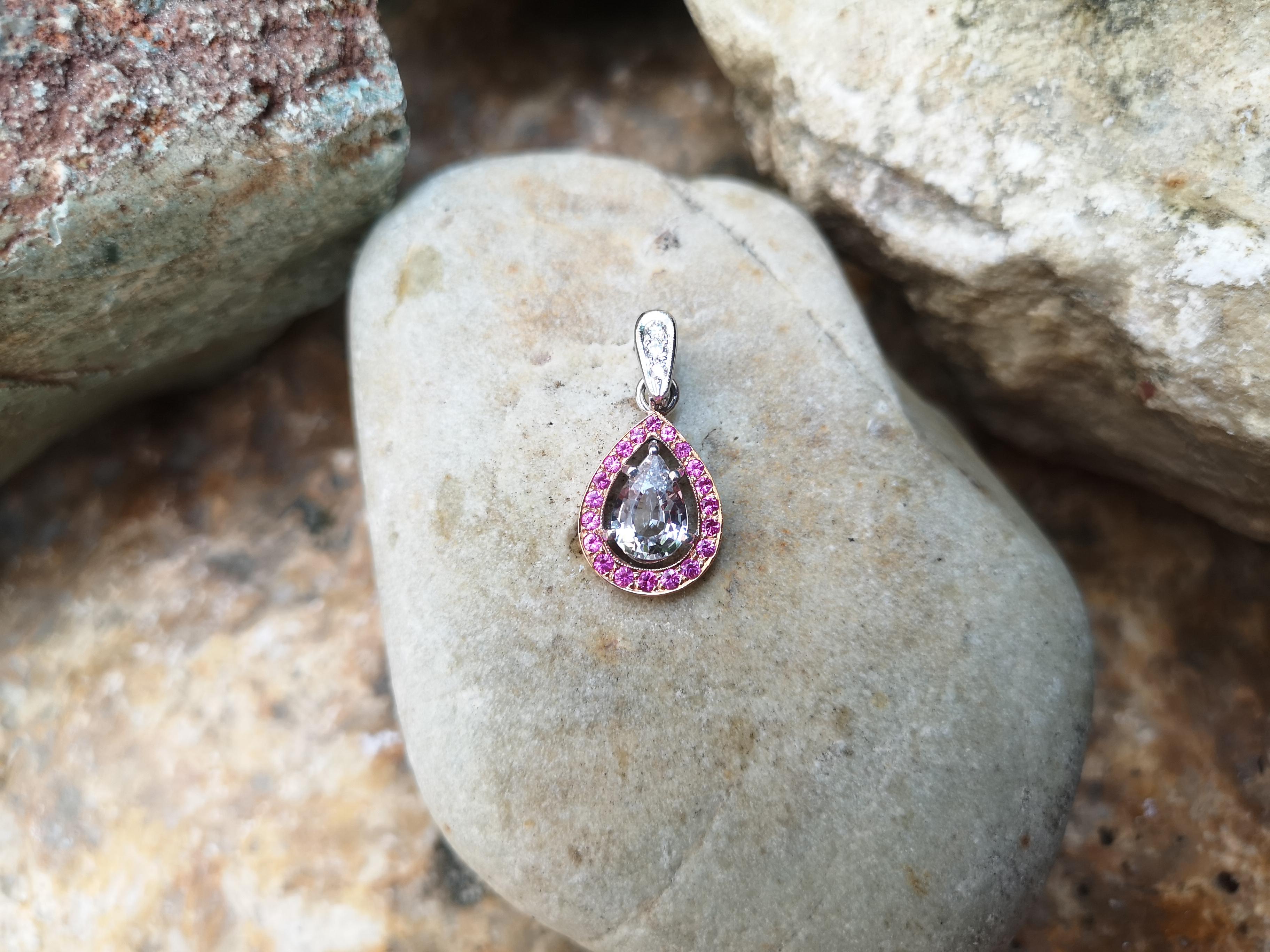 White Sapphire with Pink Sapphire and Diamond Pendant Set in 18 Karat White Gold In New Condition For Sale In Bangkok, TH