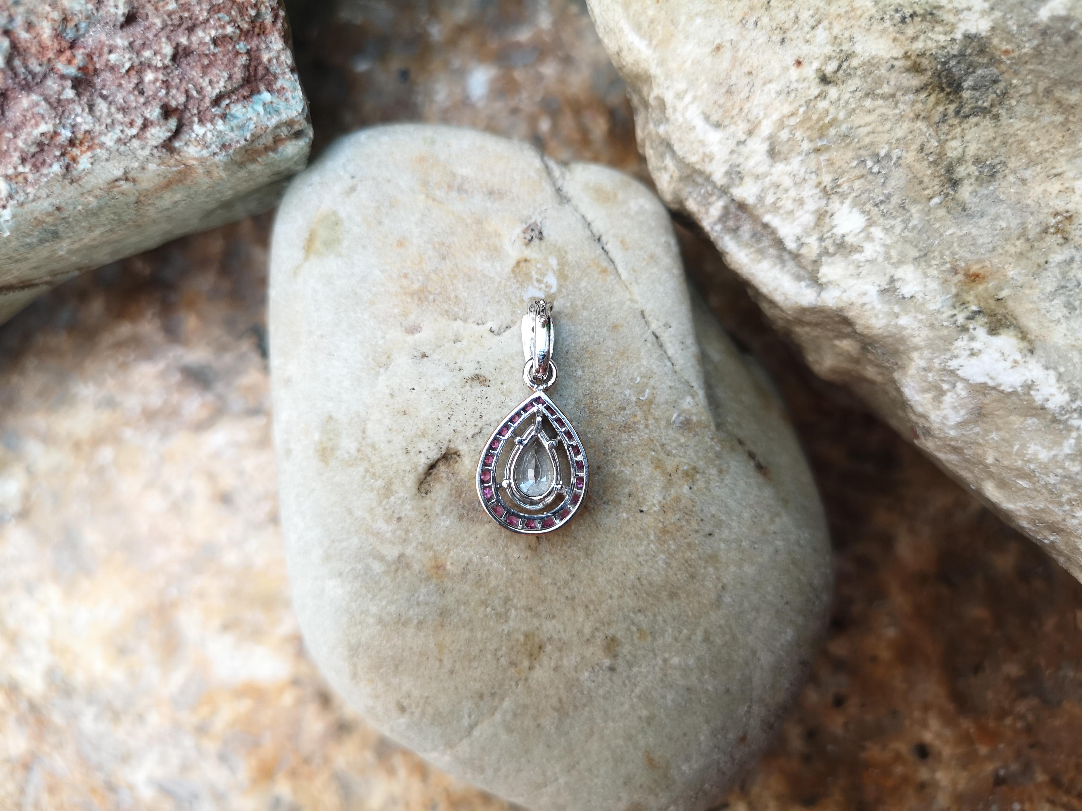 Women's White Sapphire with Pink Sapphire and Diamond Pendant Set in 18 Karat White Gold For Sale