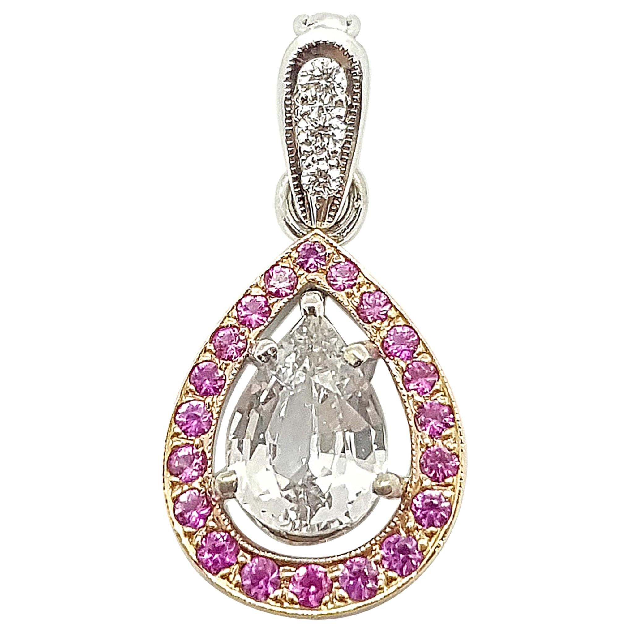 White Sapphire with Pink Sapphire and Diamond Pendant Set in 18 Karat White Gold For Sale