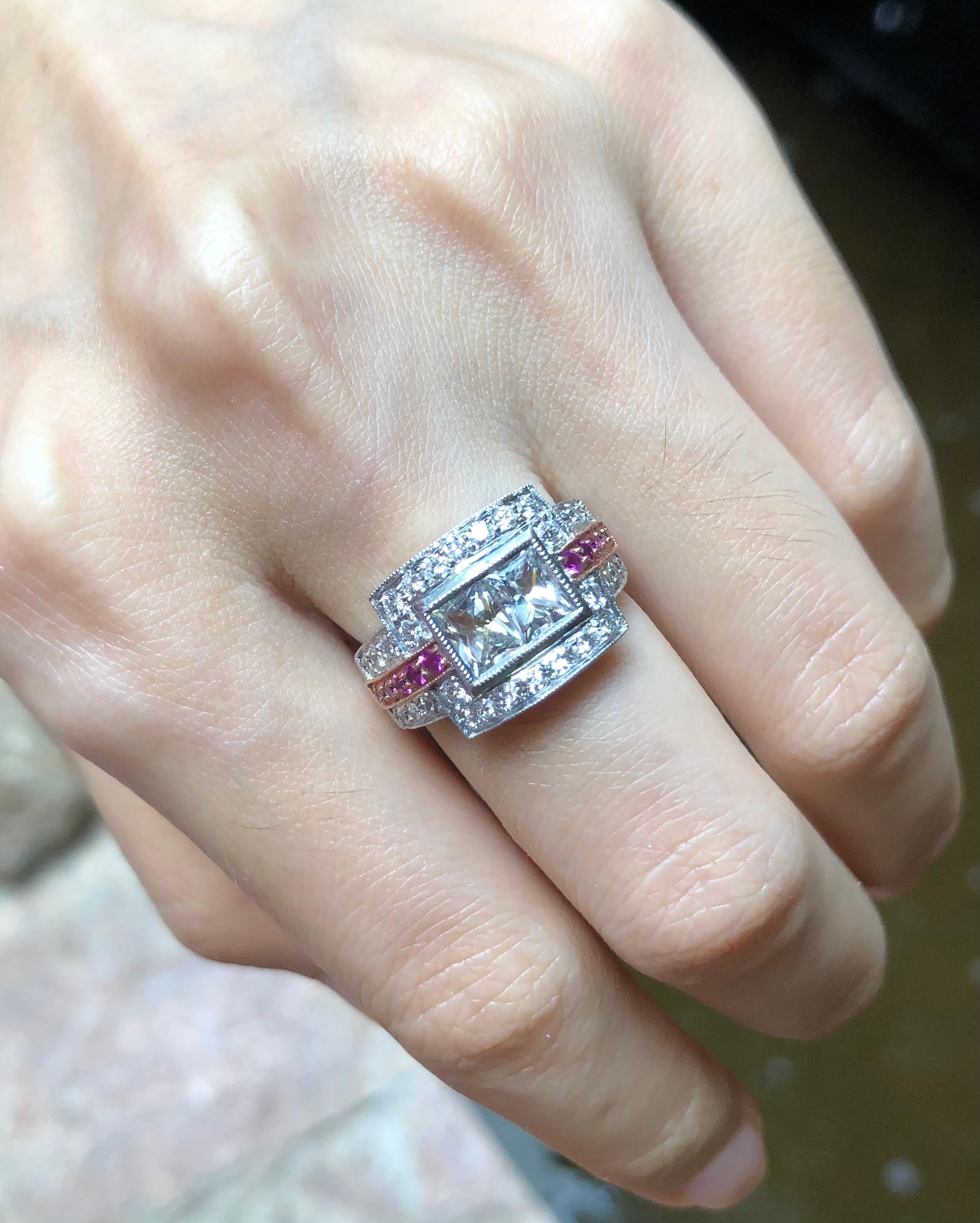 Contemporary White Sapphire with Pink Sapphire and Diamond Ring Set in 18 Karat White Gold For Sale