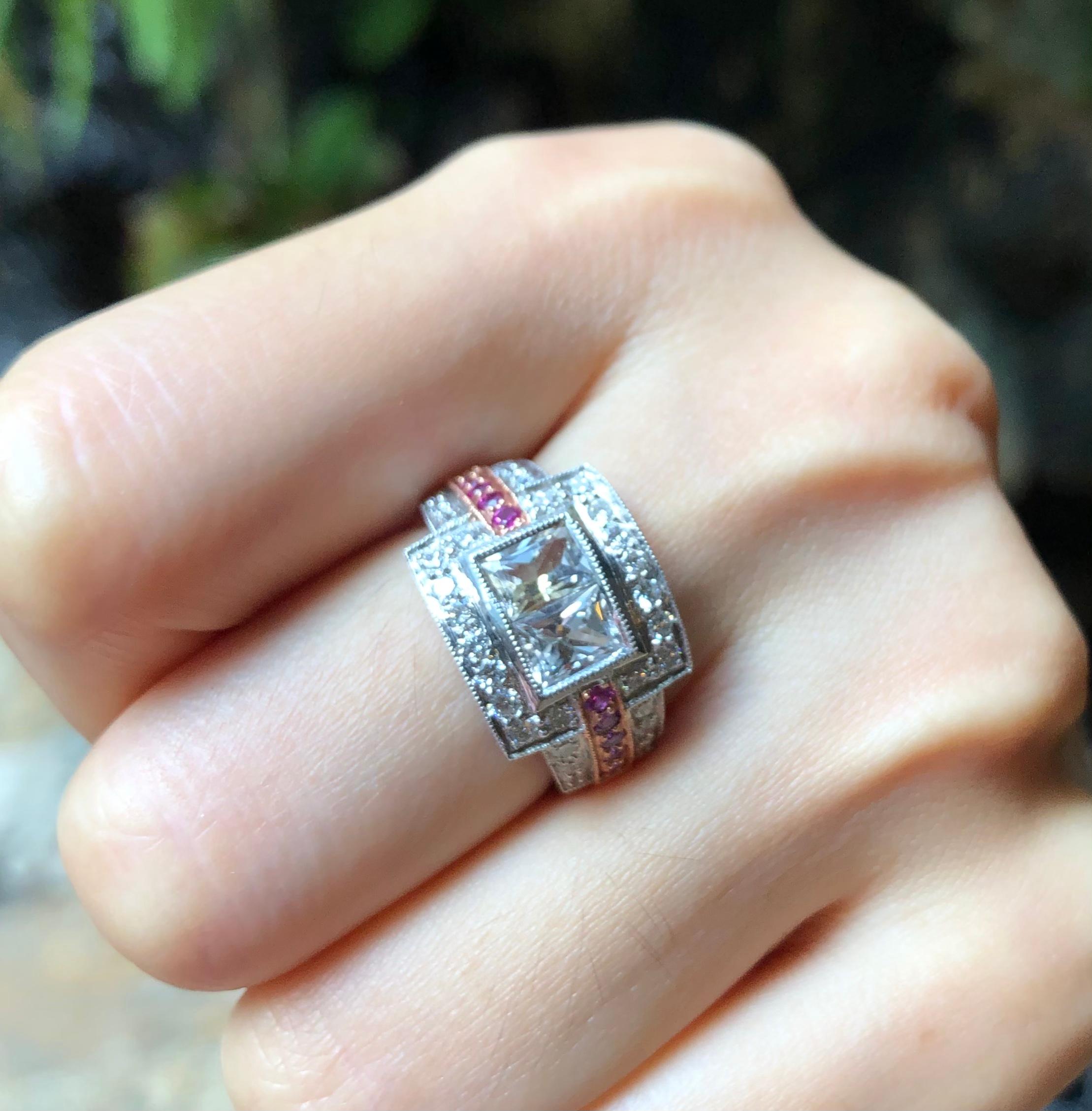 Women's White Sapphire with Pink Sapphire and Diamond Ring Set in 18 Karat White Gold For Sale