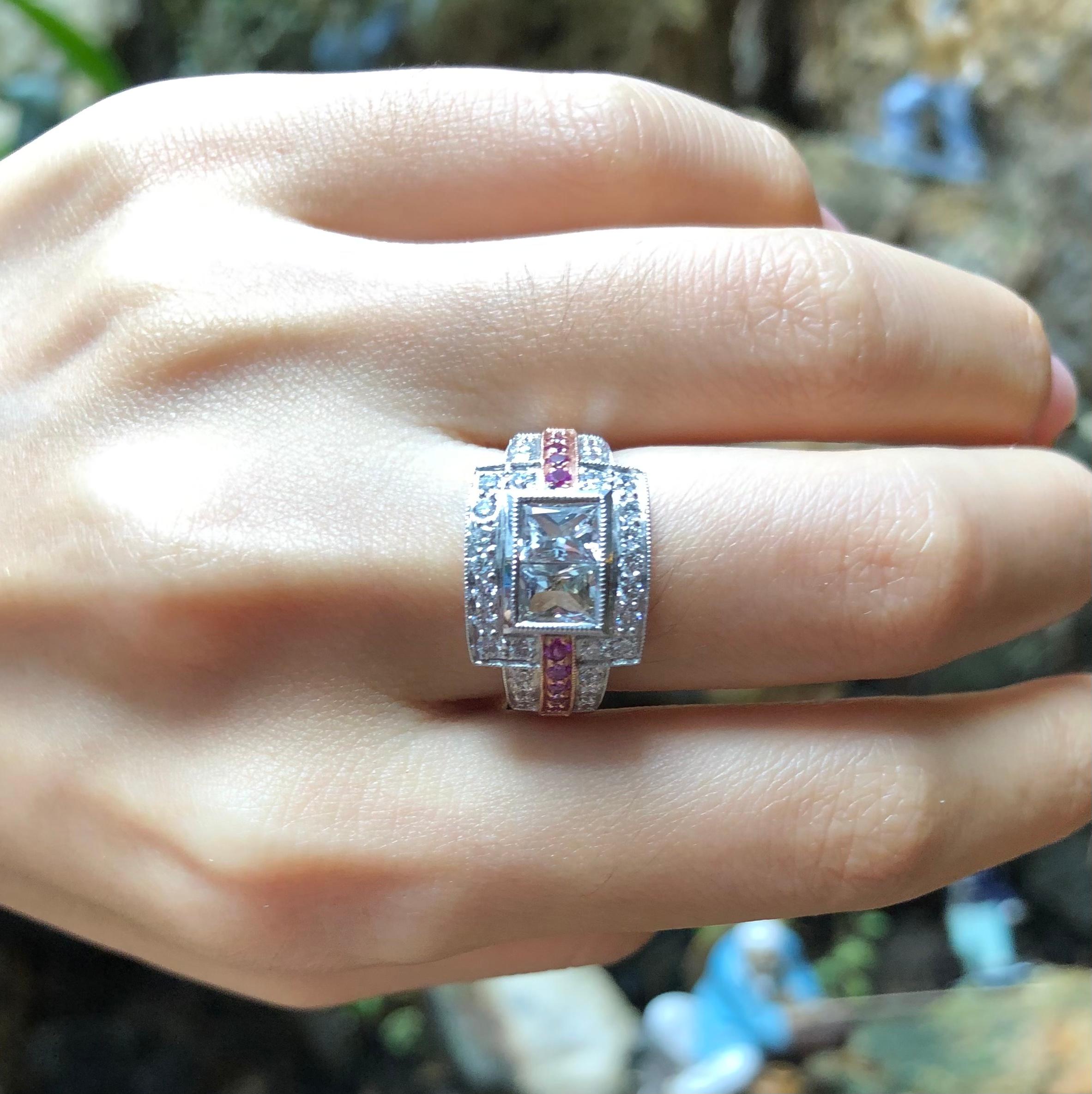 White Sapphire with Pink Sapphire and Diamond Ring Set in 18 Karat White Gold For Sale 1