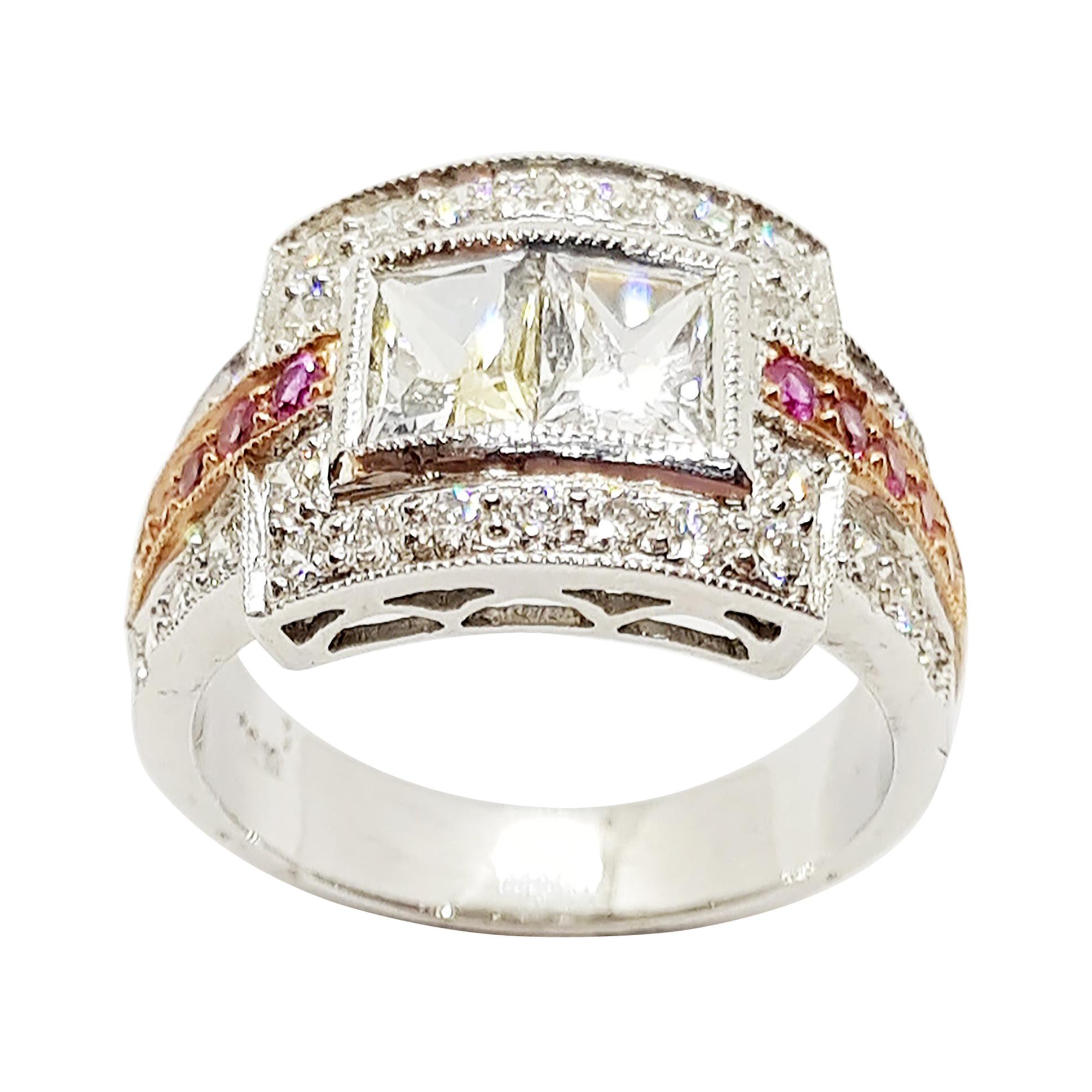 Anillo de Zafiro Blanco con Zafiro Rosa y Diamante en Oro Blanco de 18 Kilates