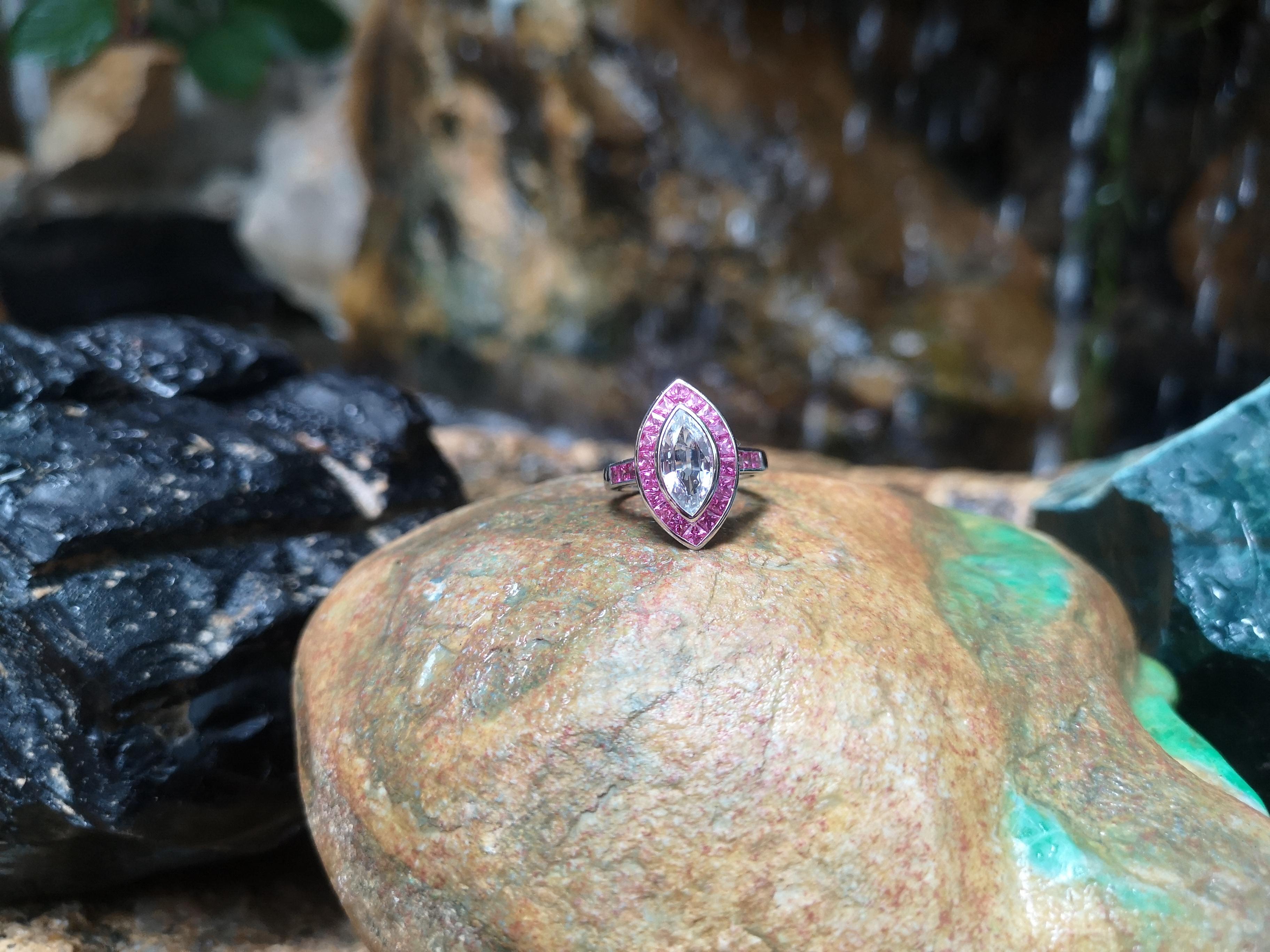 Marquise Cut White Sapphire with Pink Sapphire Ring Set in 18 Karat White Gold Settings For Sale