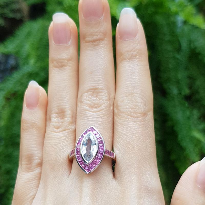 White Sapphire with Pink Sapphire Ring Set in 18 Karat White Gold Settings For Sale 2