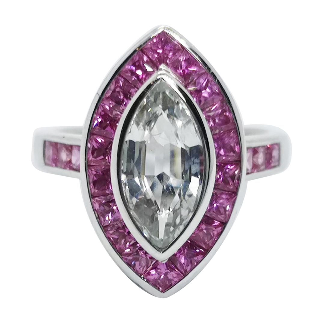 White Sapphire with Pink Sapphire Ring Set in 18 Karat White Gold Settings