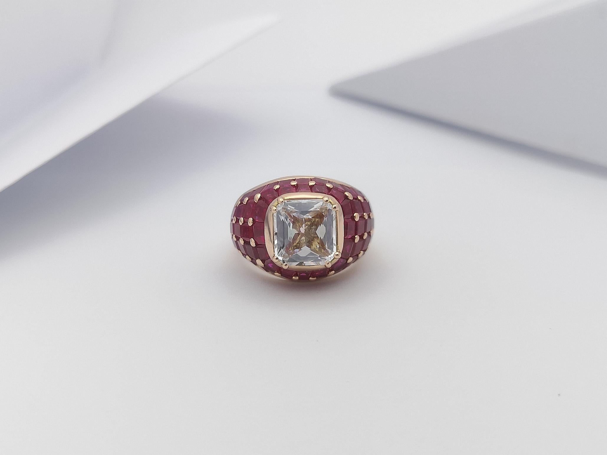 White Sapphire with Ruby Ring Set 18 Karat Rose Gold Settings For Sale 4