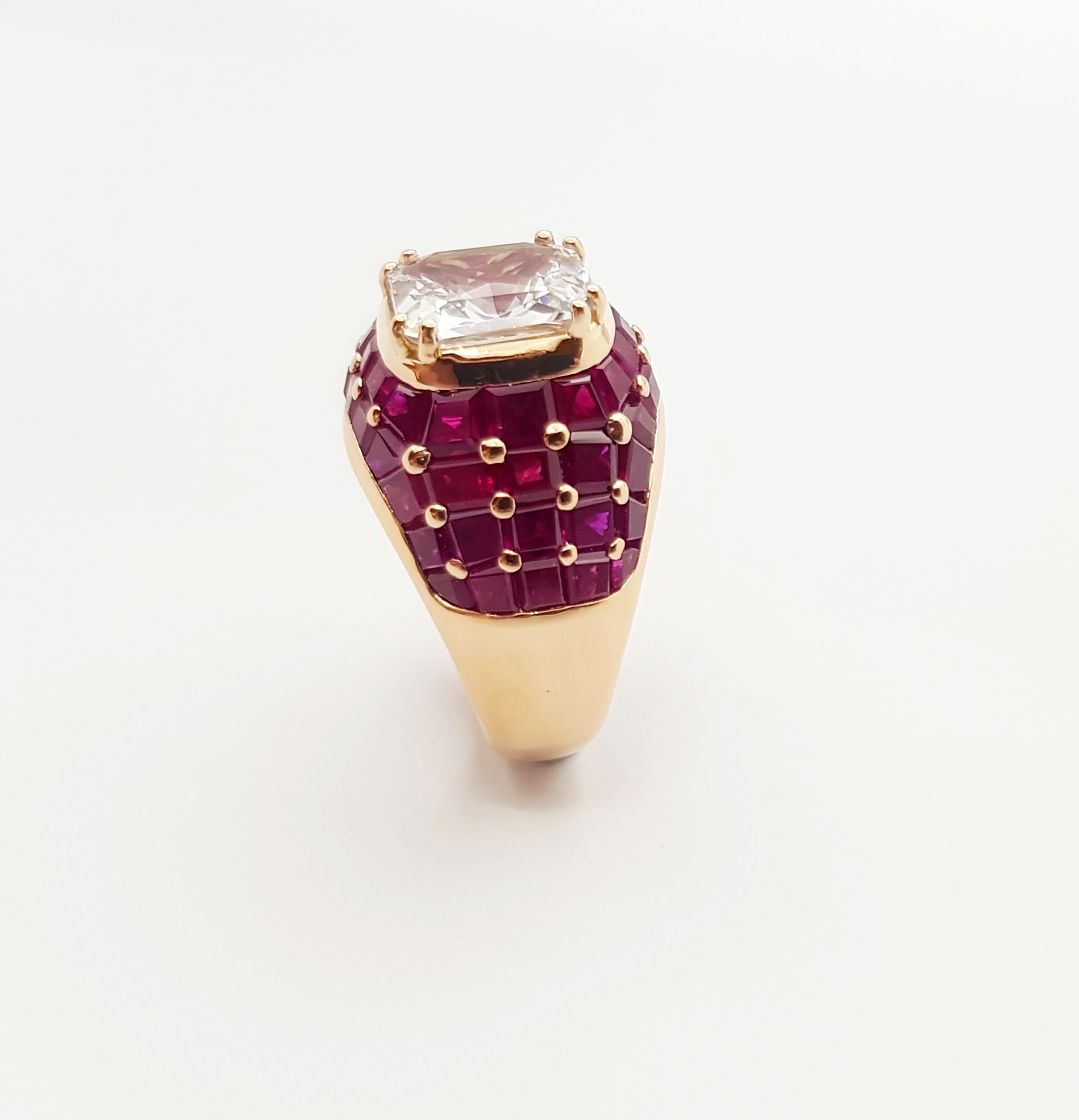 White Sapphire with Ruby Ring Set 18 Karat Rose Gold Settings For Sale 5