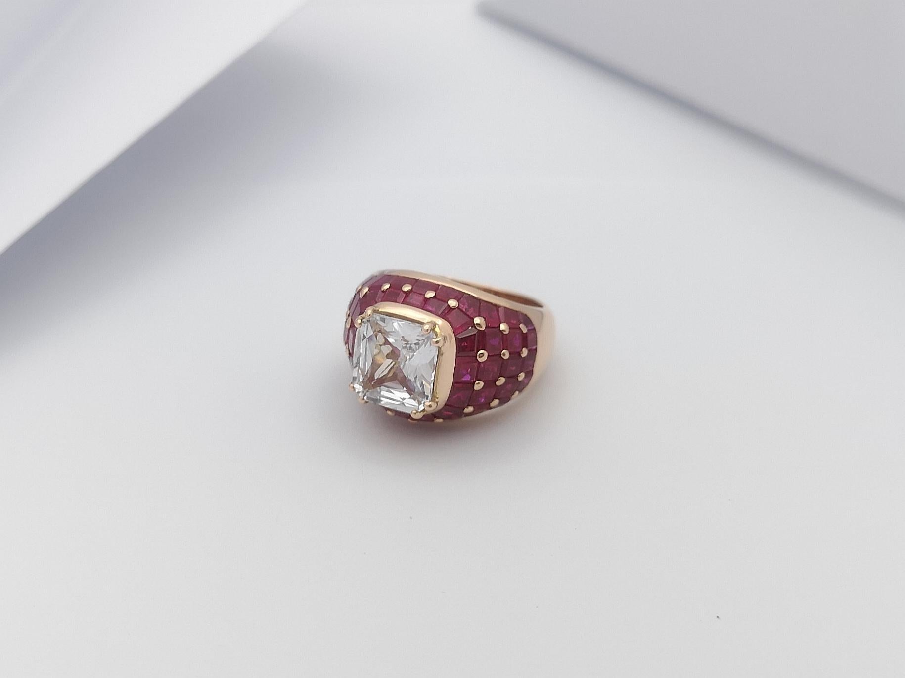 White Sapphire with Ruby Ring Set 18 Karat Rose Gold Settings For Sale 6