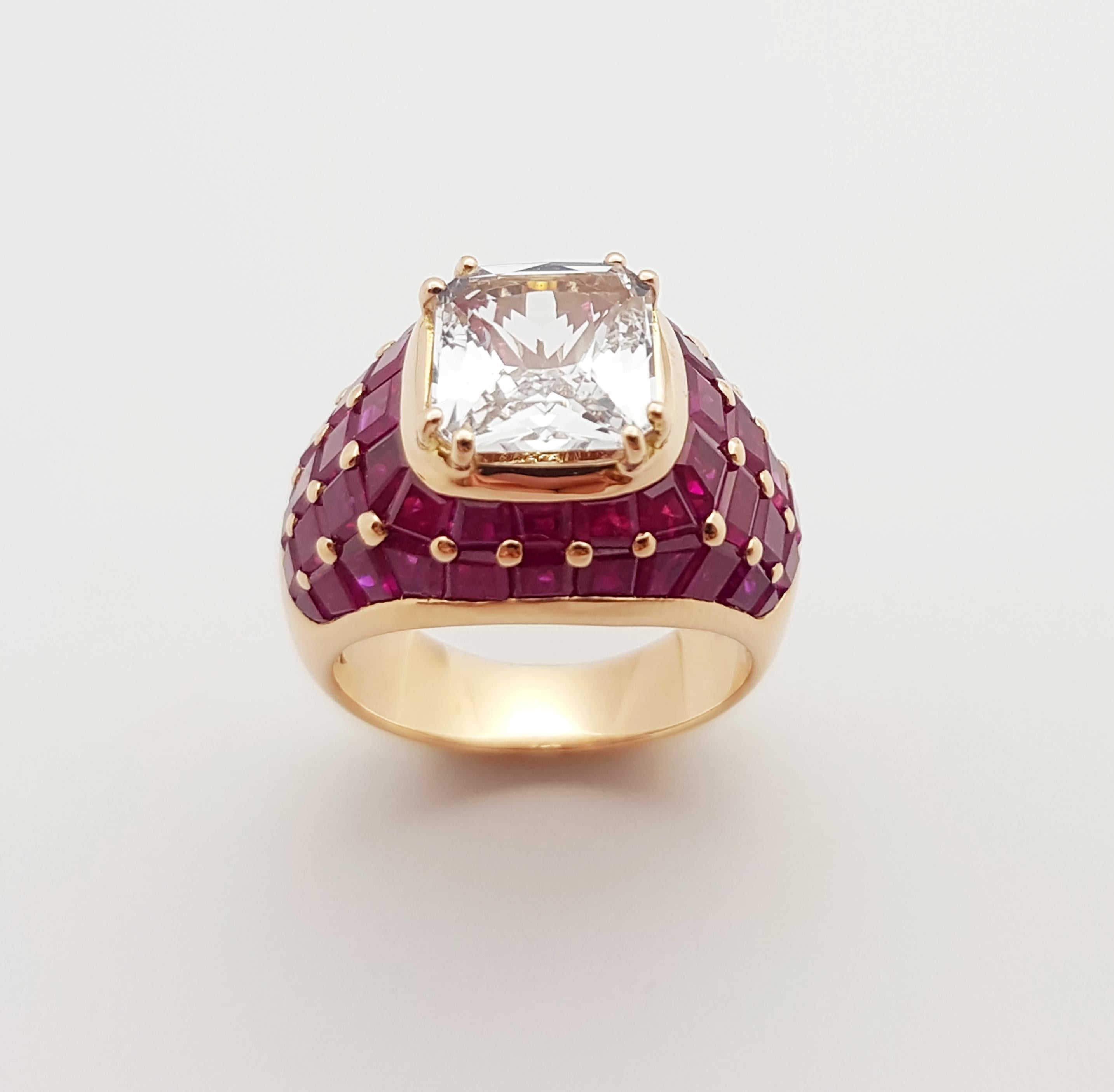 White Sapphire with Ruby Ring Set 18 Karat Rose Gold Settings For Sale 7