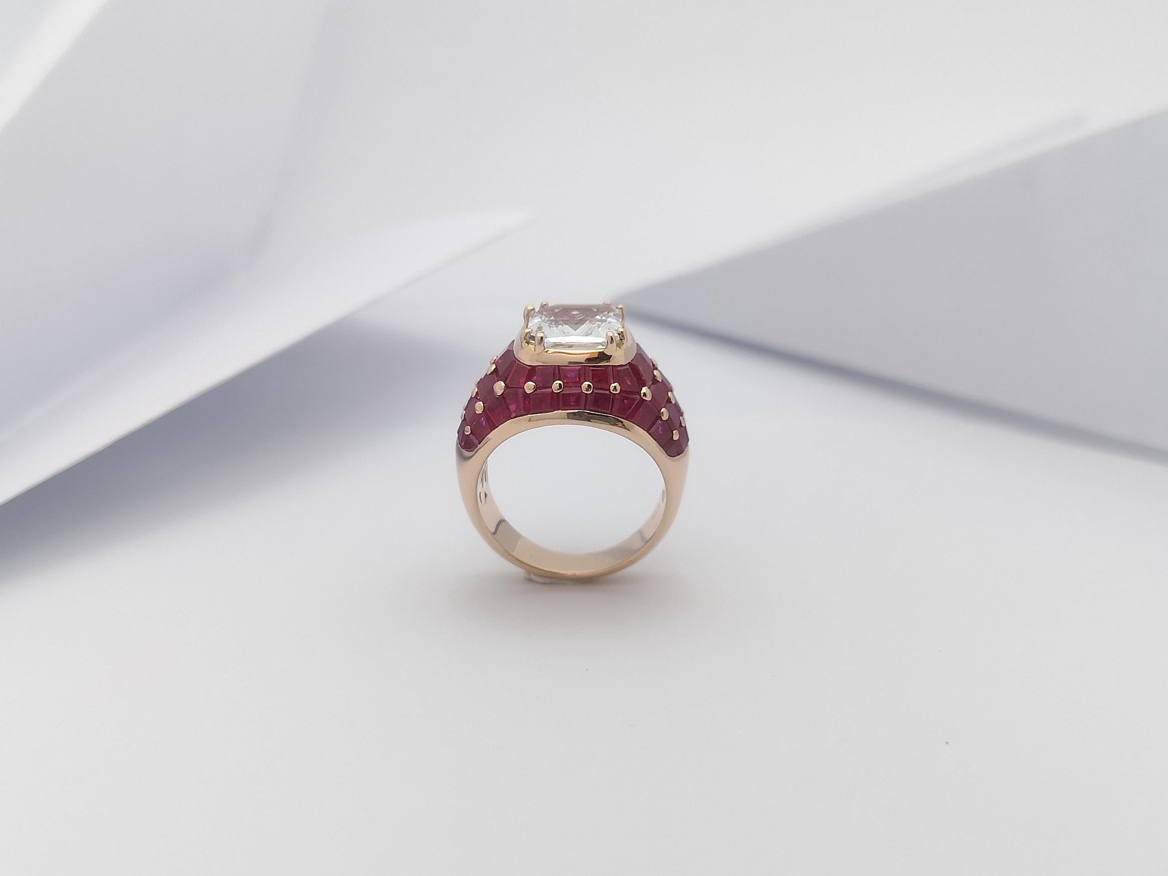 White Sapphire with Ruby Ring Set 18 Karat Rose Gold Settings For Sale 9