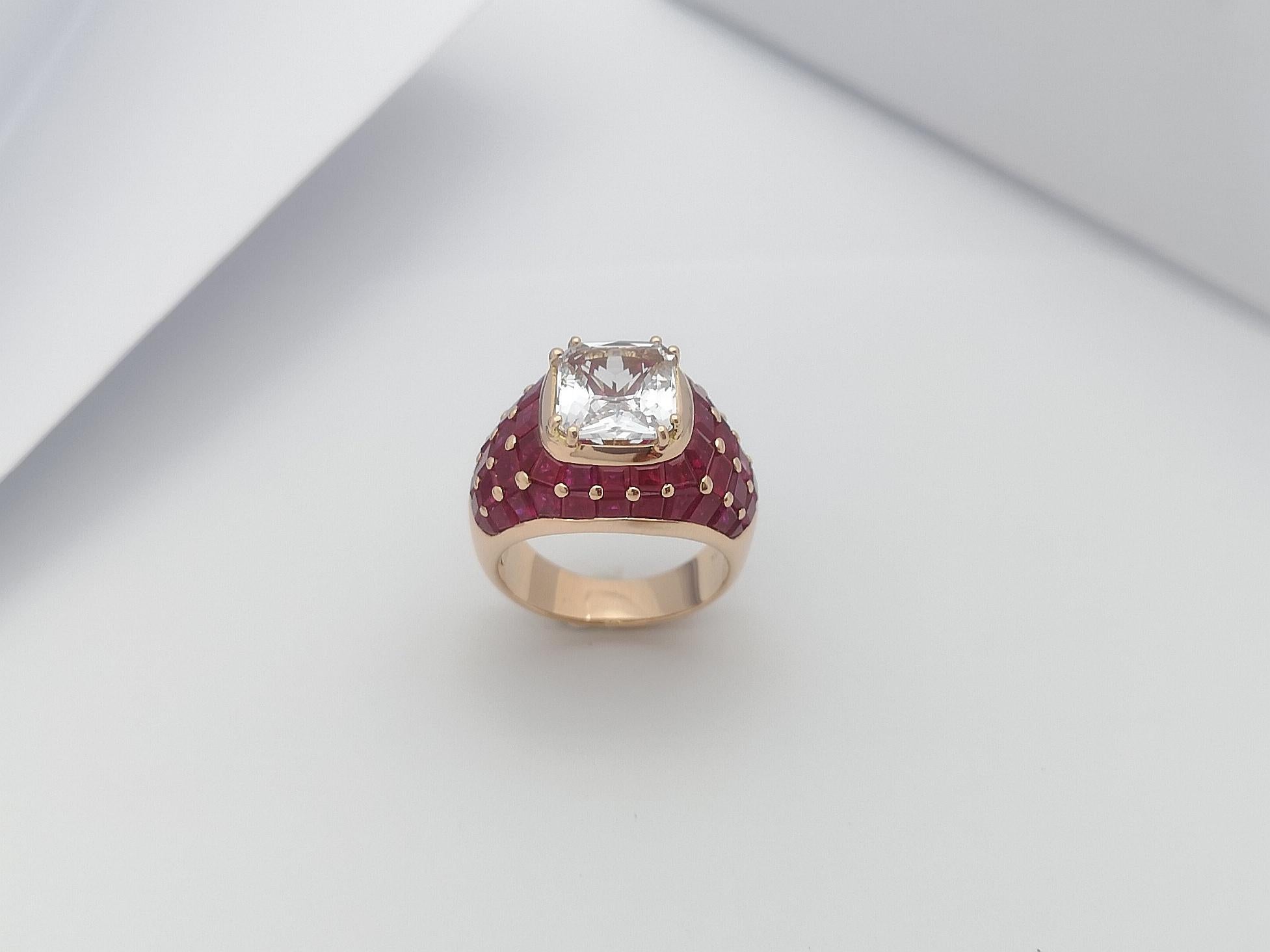 White Sapphire with Ruby Ring Set 18 Karat Rose Gold Settings For Sale 10