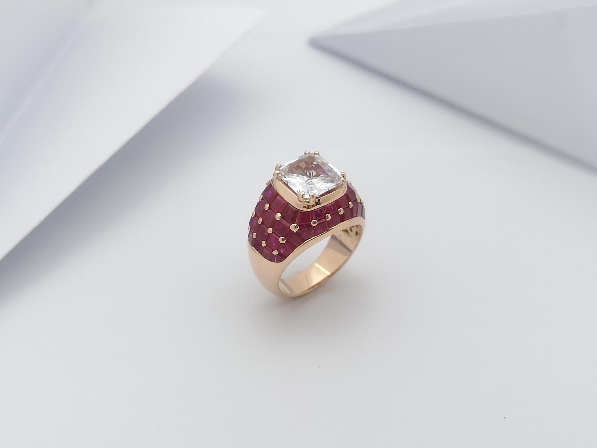 White Sapphire with Ruby Ring Set 18 Karat Rose Gold Settings For Sale 11