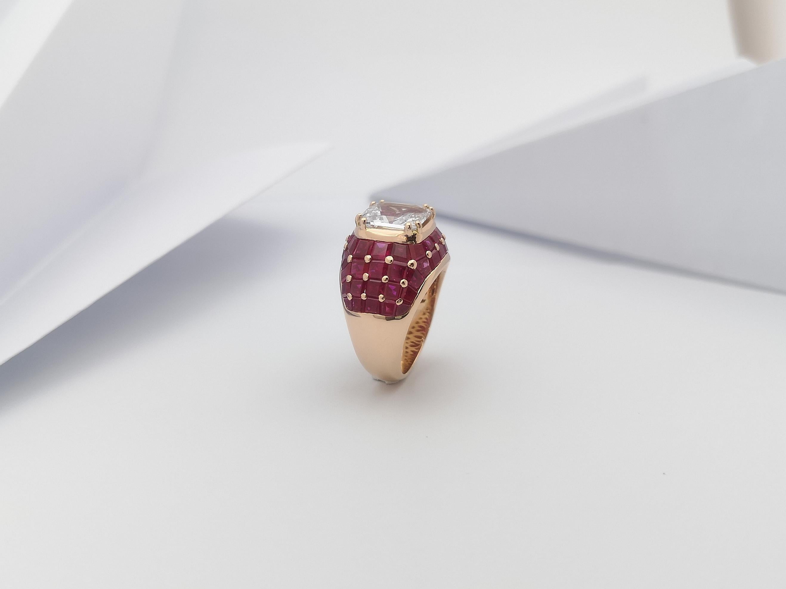 White Sapphire with Ruby Ring Set 18 Karat Rose Gold Settings For Sale 12