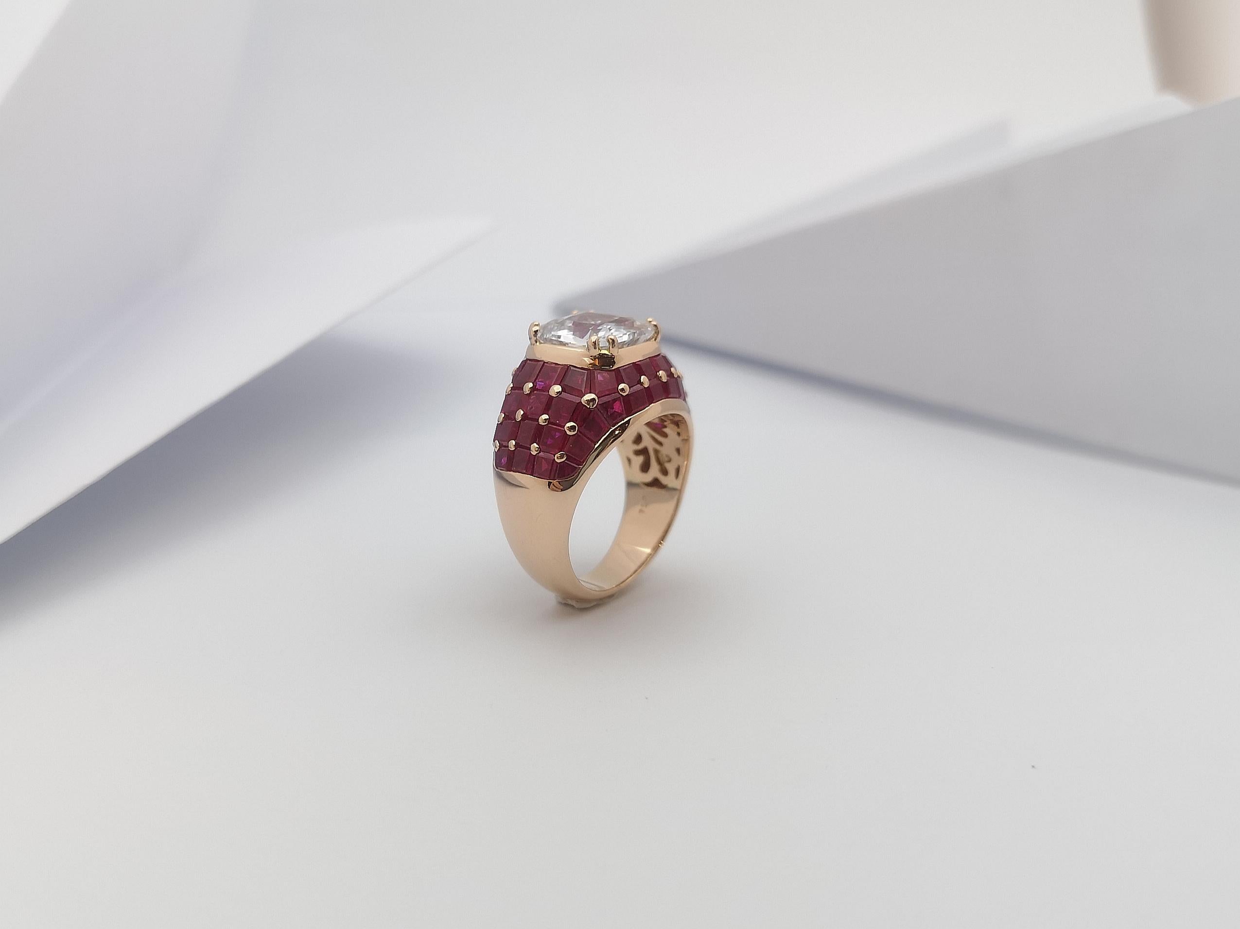 White Sapphire with Ruby Ring Set 18 Karat Rose Gold Settings For Sale 13