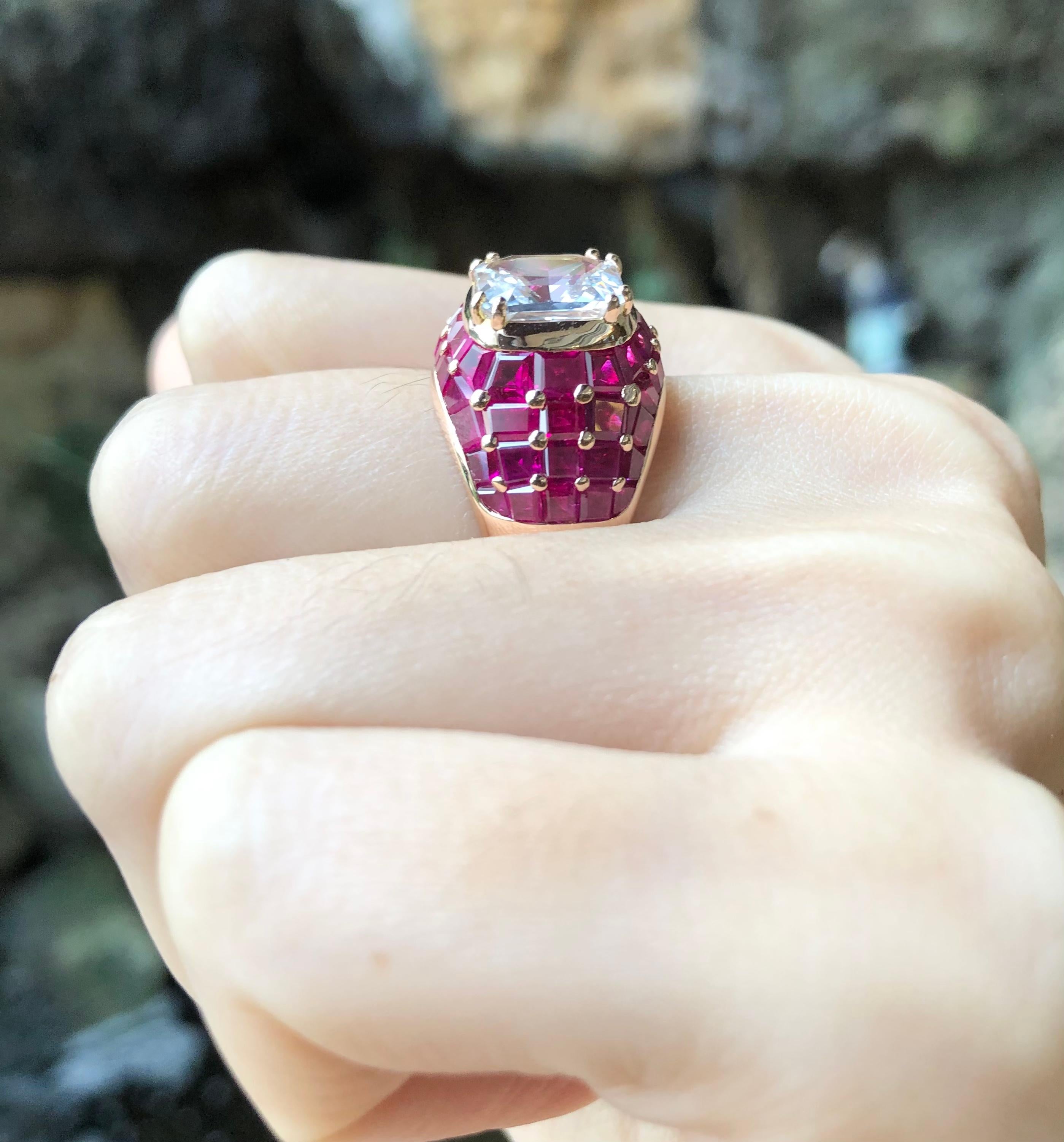 White Sapphire 3.53 carats with Ruby 8.03 carats Ring set 18 Karat Rose Gold Settings

Width:  1.1 cm 
Length: 1.5 cm
Ring Size: 53
Total Weight: 11.27 grams

