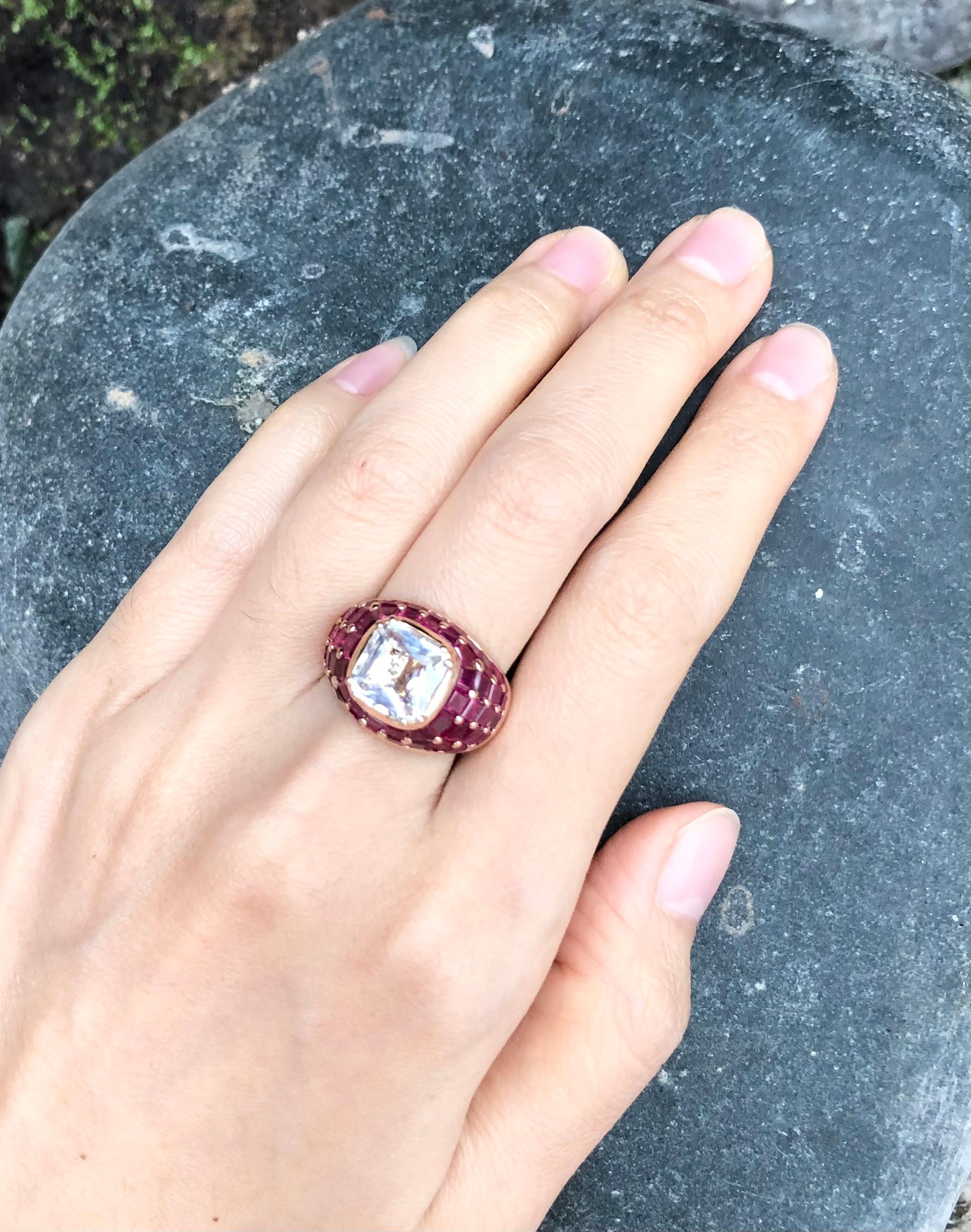 Contemporary White Sapphire with Ruby Ring Set 18 Karat Rose Gold Settings For Sale
