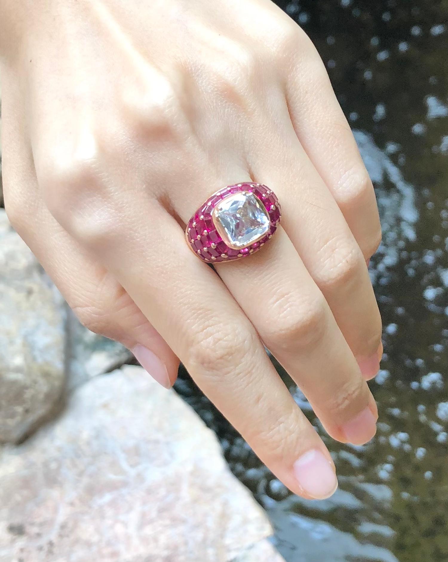 White Sapphire with Ruby Ring Set 18 Karat Rose Gold Settings In New Condition For Sale In Bangkok, TH