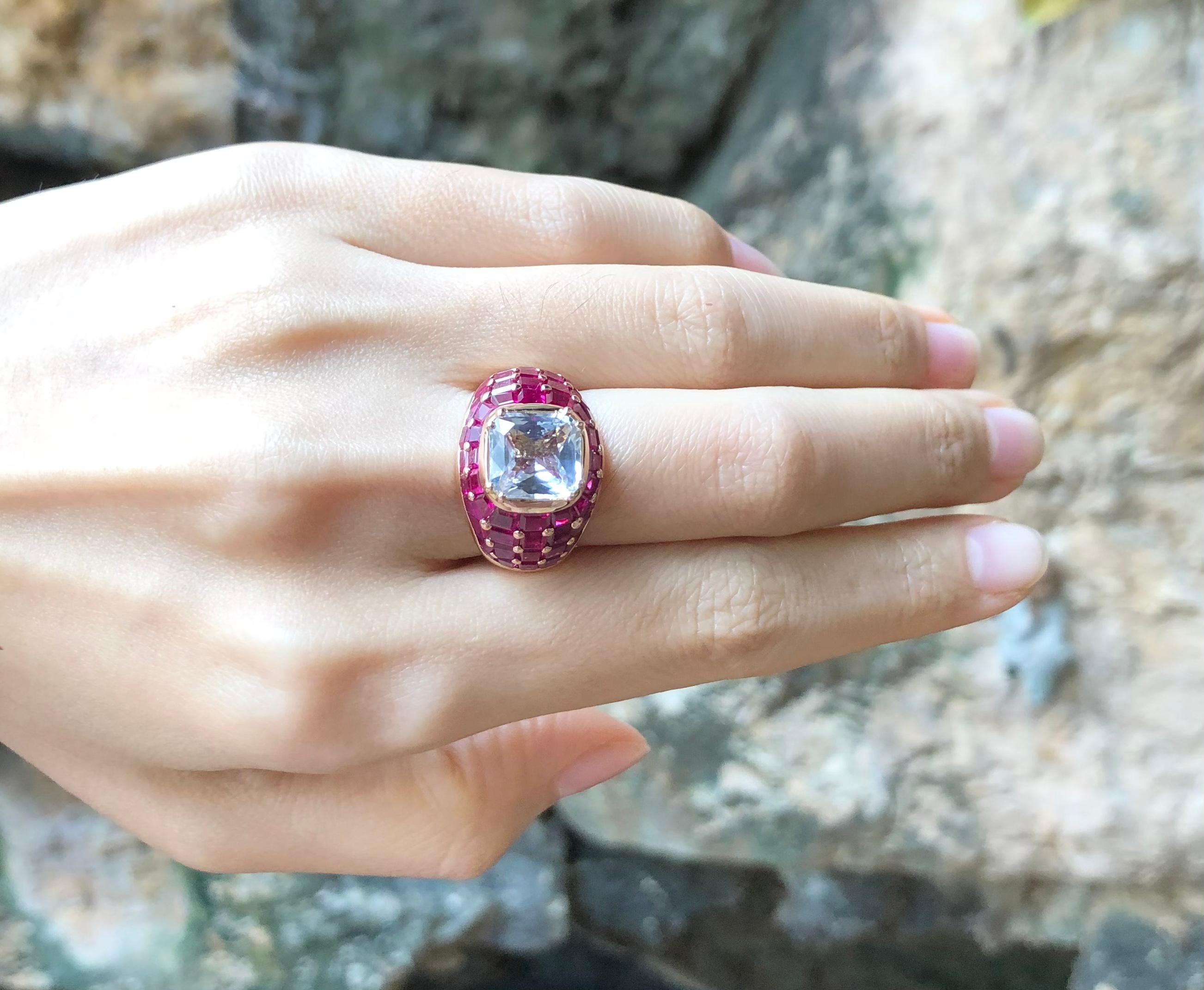 White Sapphire with Ruby Ring Set 18 Karat Rose Gold Settings For Sale 1
