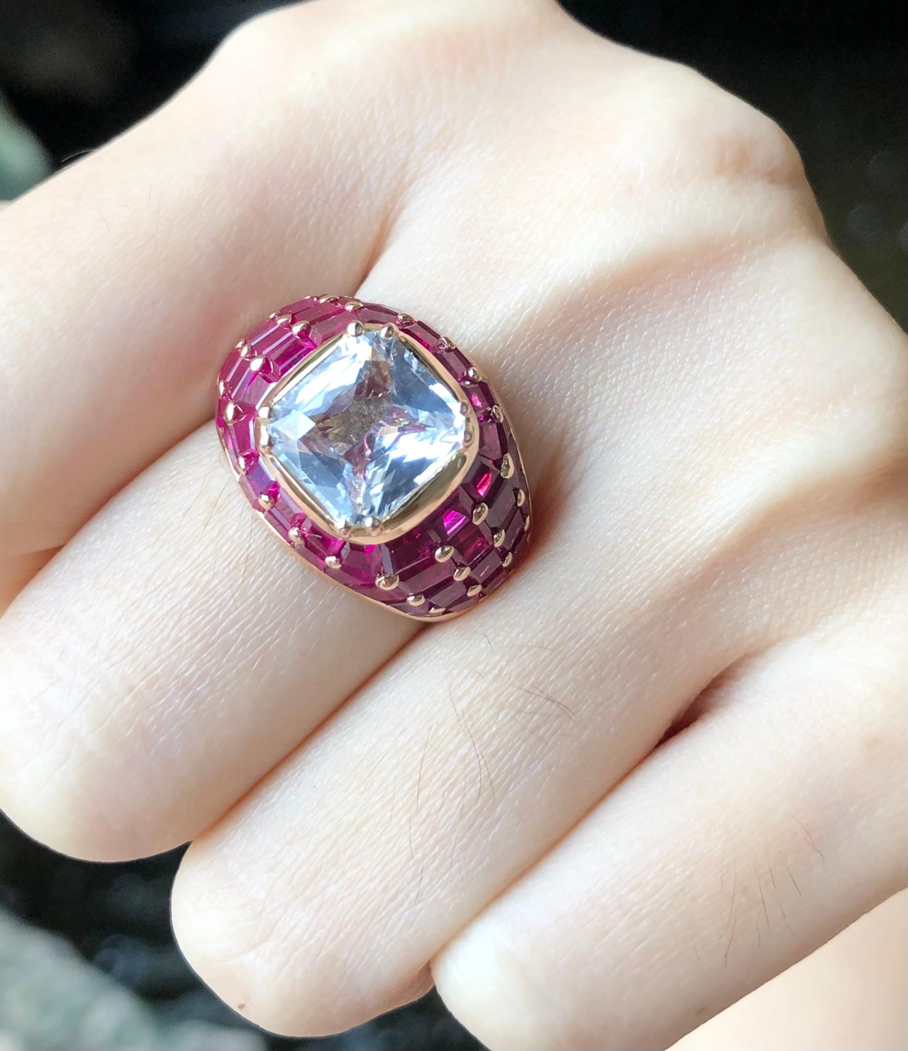 White Sapphire with Ruby Ring Set 18 Karat Rose Gold Settings For Sale 3