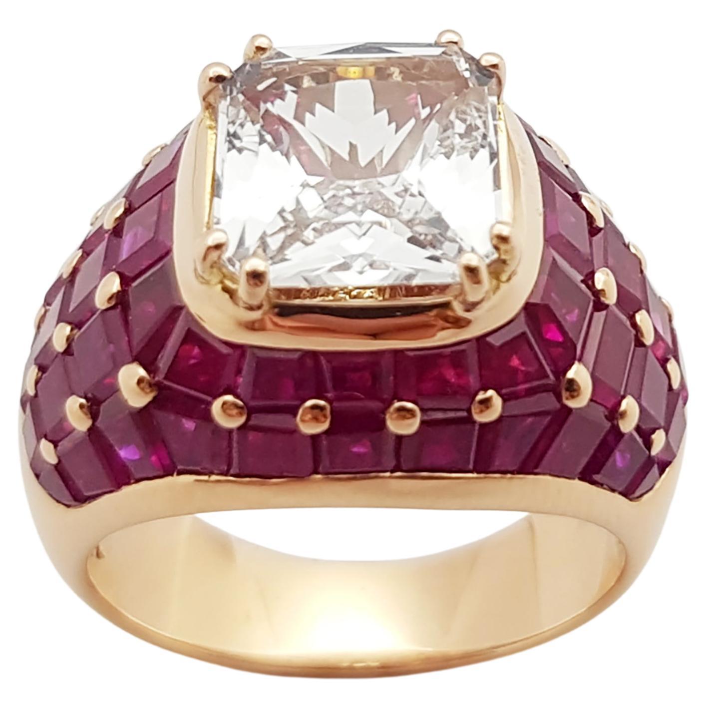 White Sapphire with Ruby Ring Set 18 Karat Rose Gold Settings For Sale