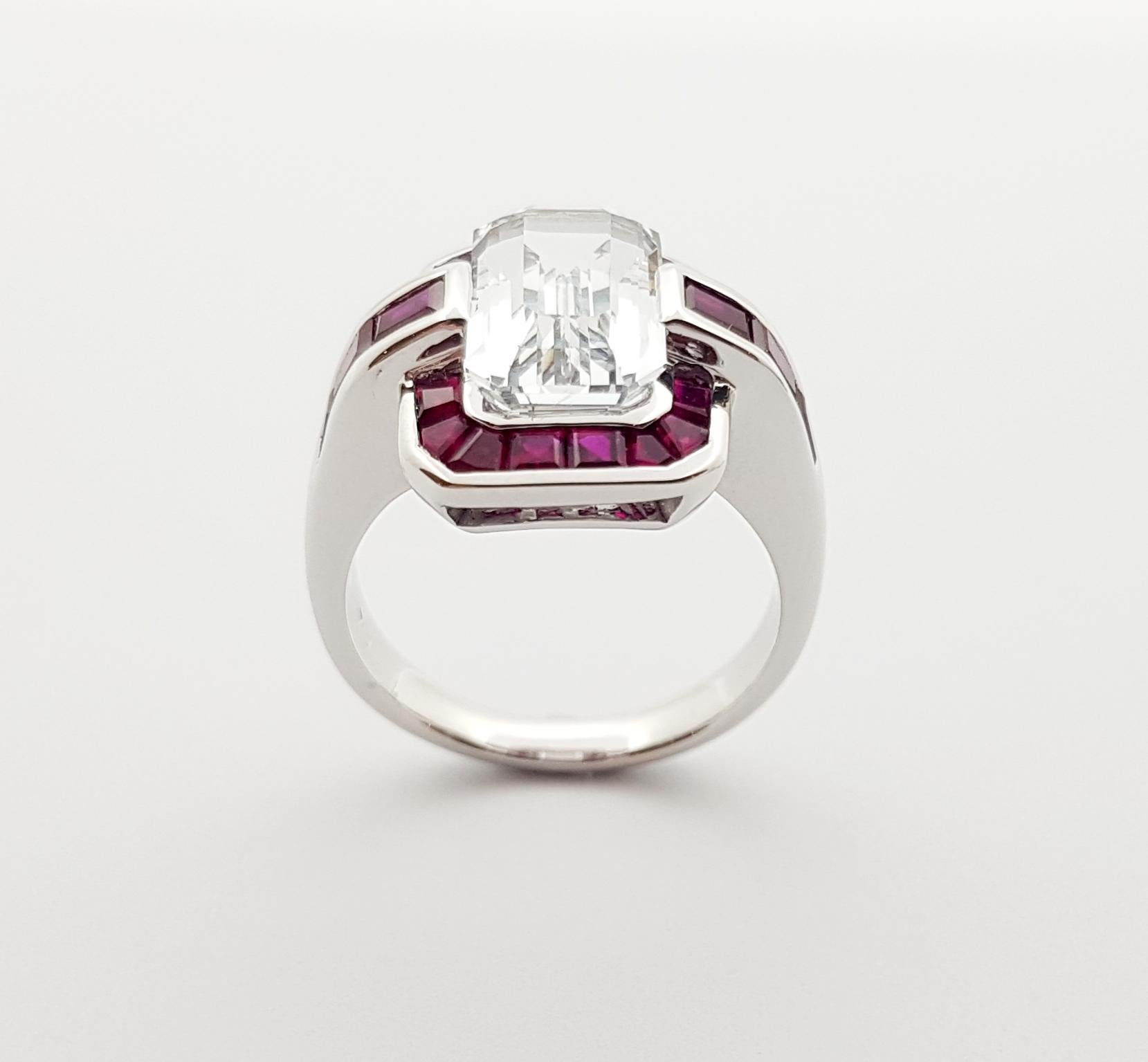 White Sapphire with Ruby Ring Set in 18 Karat White Gold Settings For Sale 4