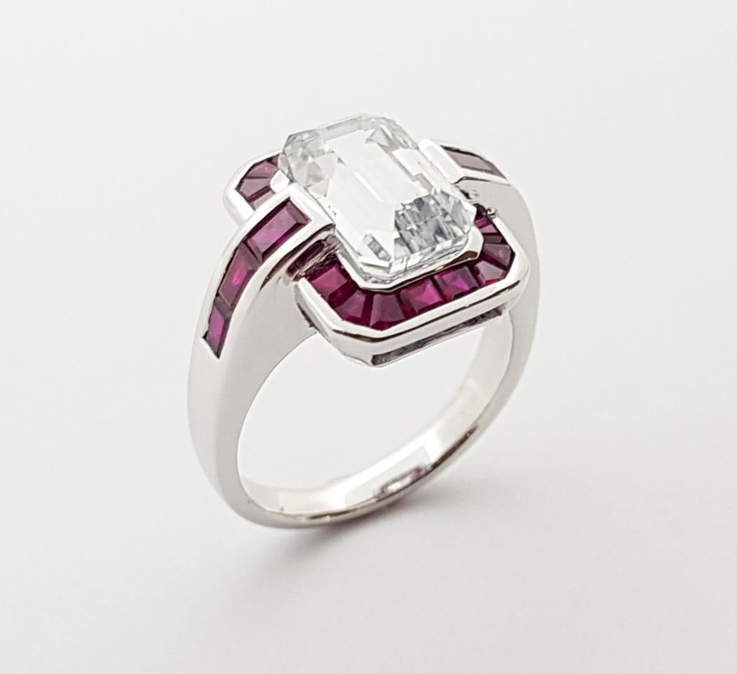 White Sapphire with Ruby Ring Set in 18 Karat White Gold Settings For Sale 5