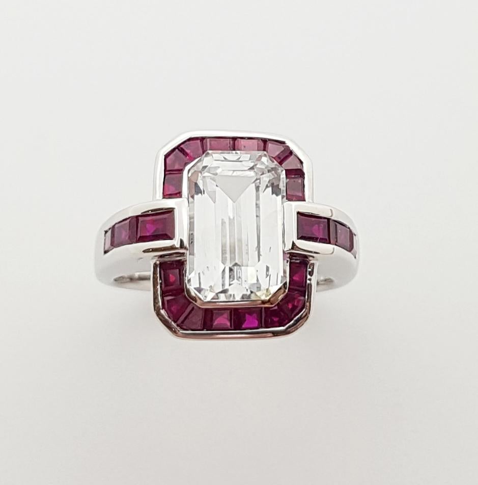 White Sapphire with Ruby Ring Set in 18 Karat White Gold Settings For Sale 6