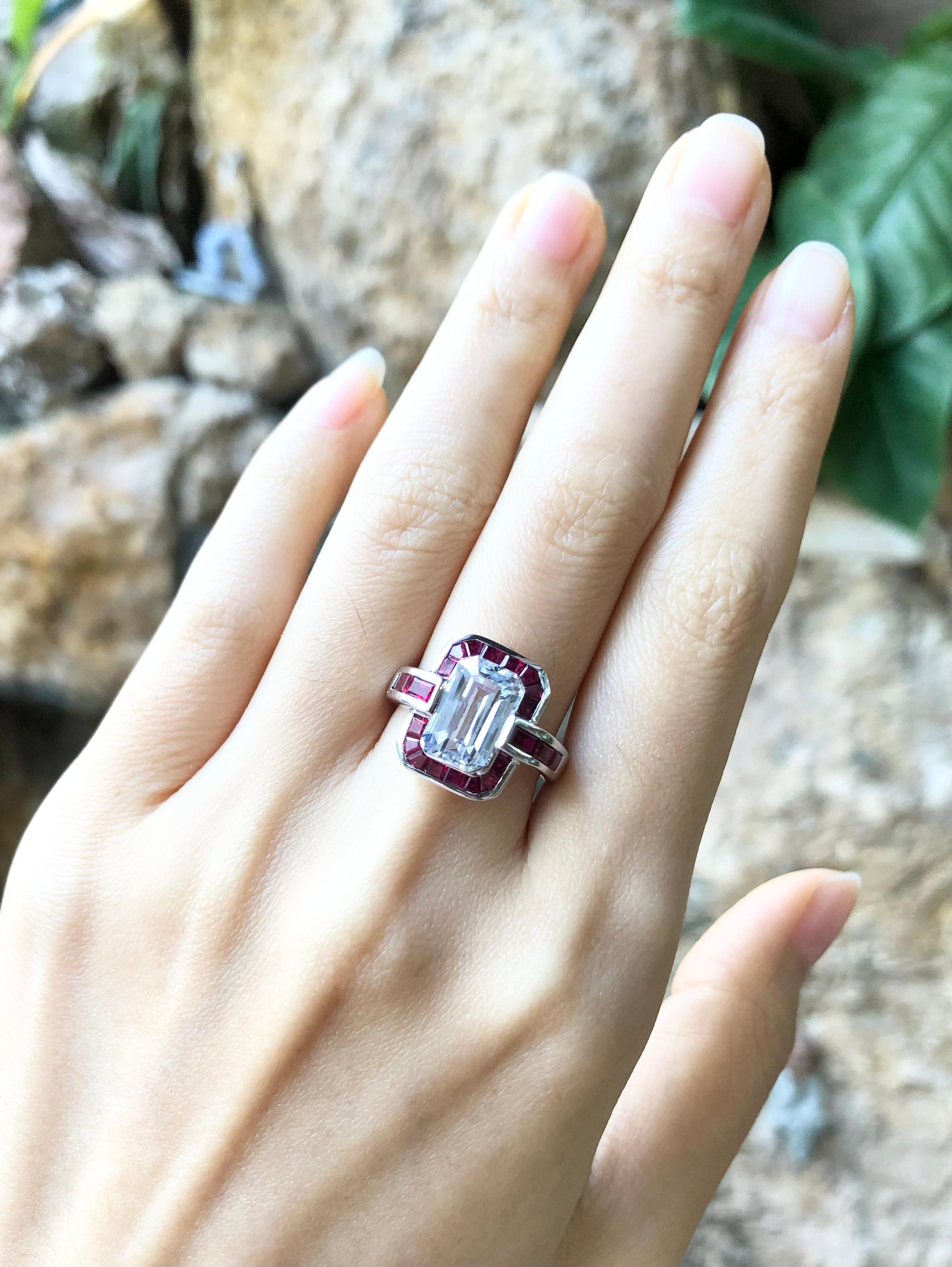 Mixed Cut White Sapphire with Ruby Ring Set in 18 Karat White Gold Settings For Sale