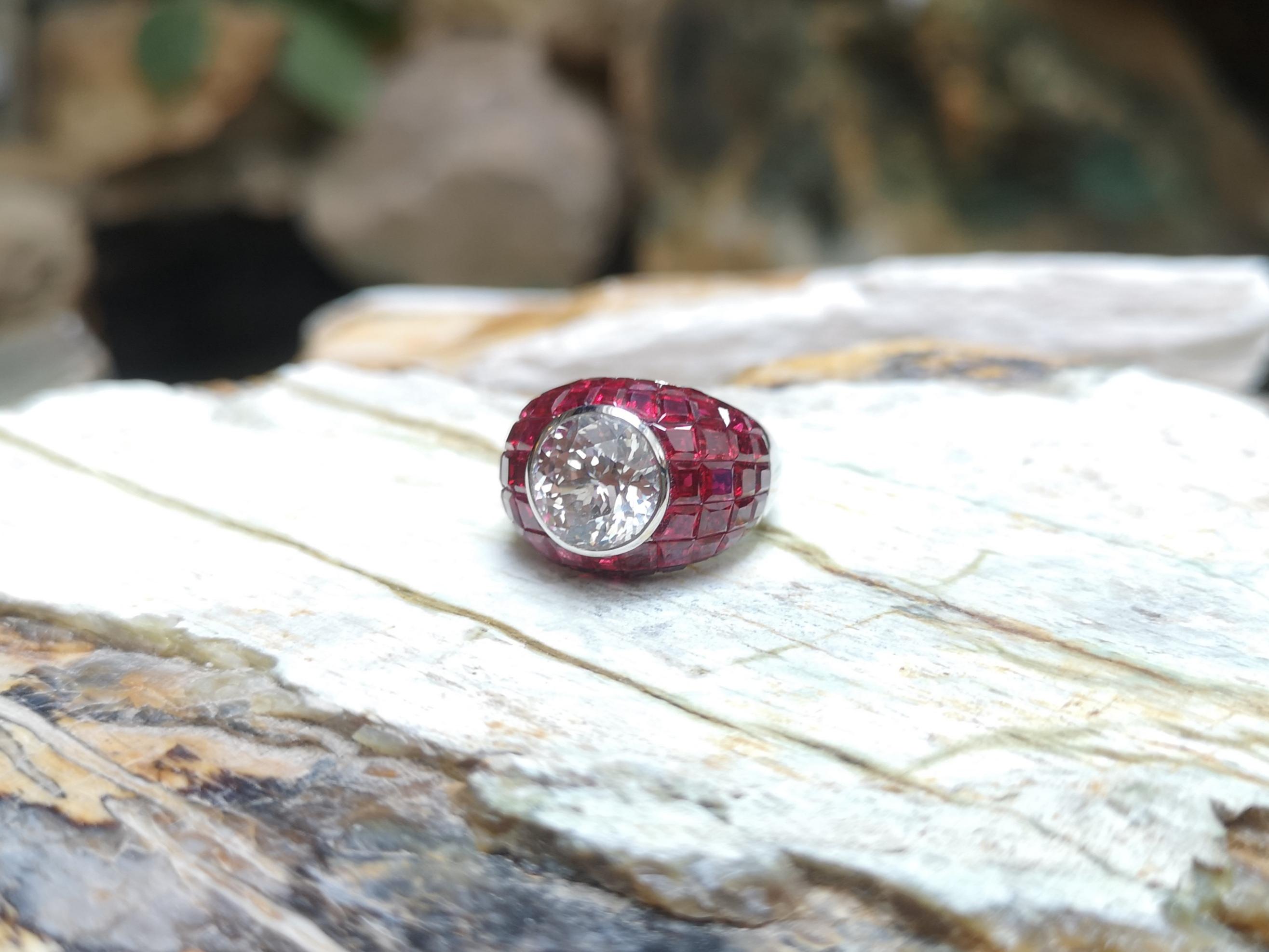 Mixed Cut White Sapphire with Ruby Ring Set in 18 Karat White Gold Settings For Sale