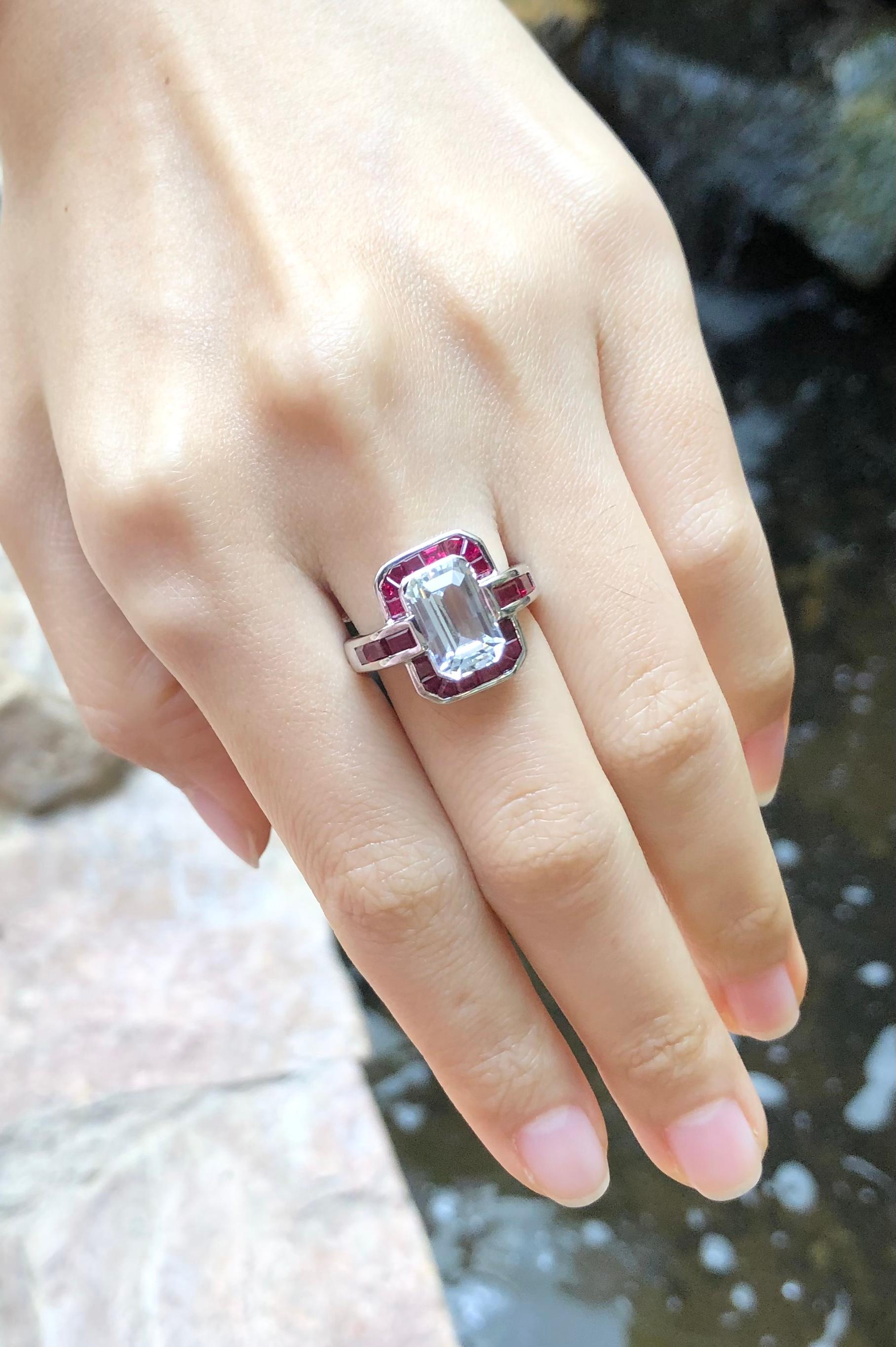 Women's or Men's White Sapphire with Ruby Ring Set in 18 Karat White Gold Settings For Sale