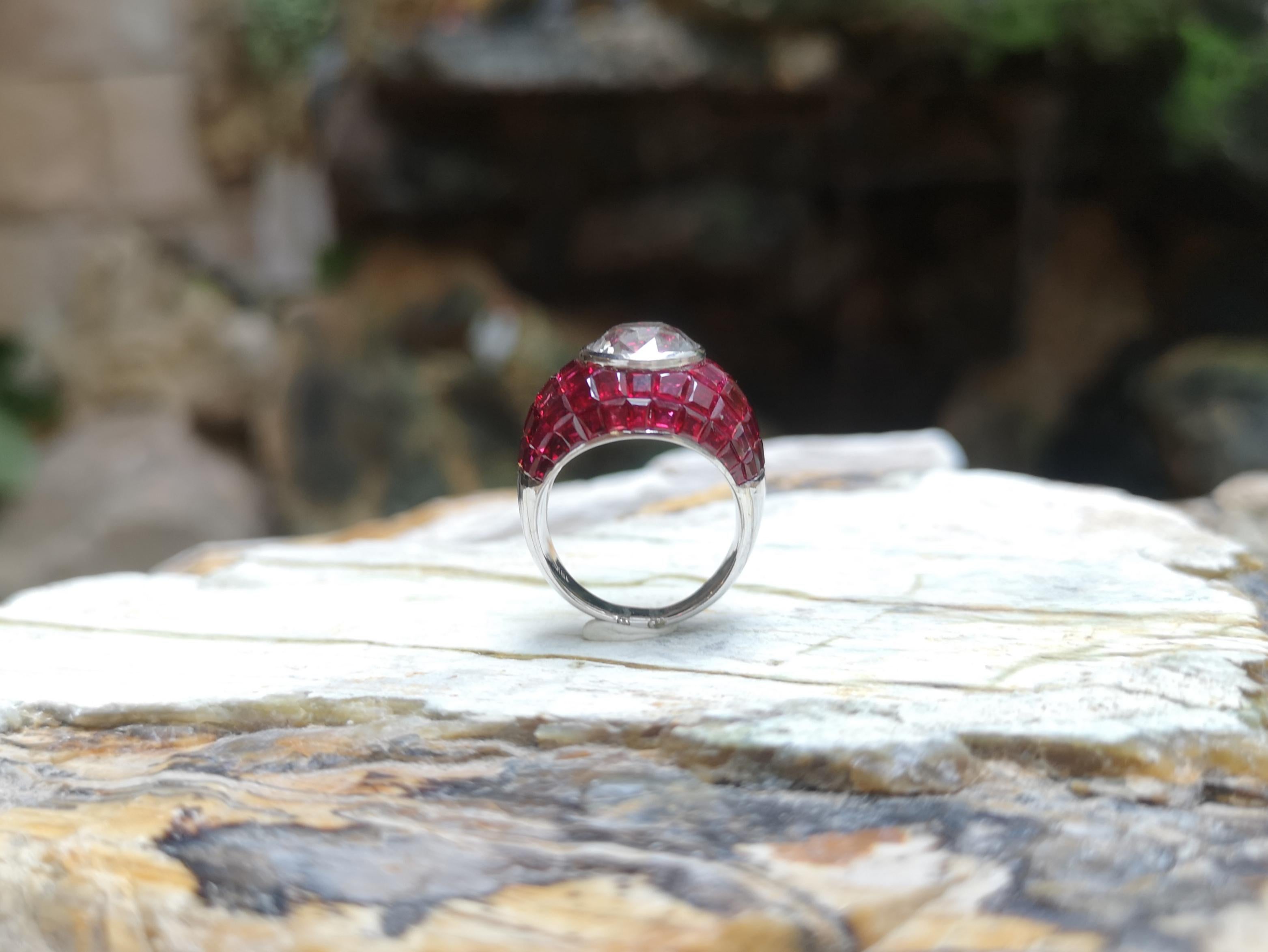 Women's or Men's White Sapphire with Ruby Ring Set in 18 Karat White Gold Settings For Sale