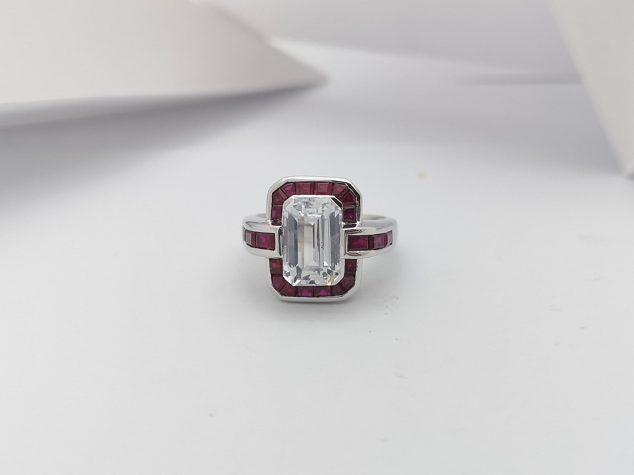 White Sapphire with Ruby Ring Set in 18 Karat White Gold Settings For Sale 3