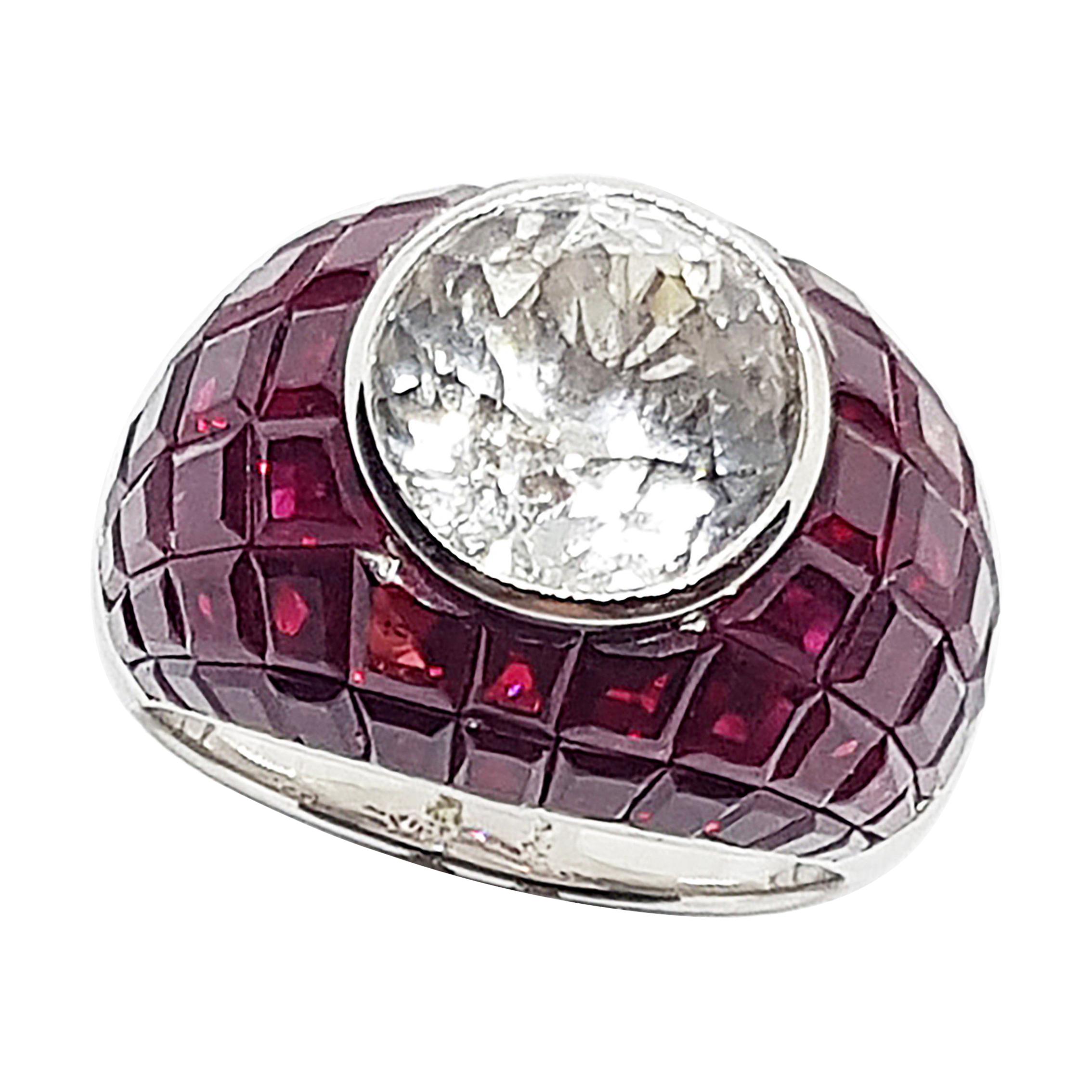 White Sapphire with Ruby Ring Set in 18 Karat White Gold Settings For Sale