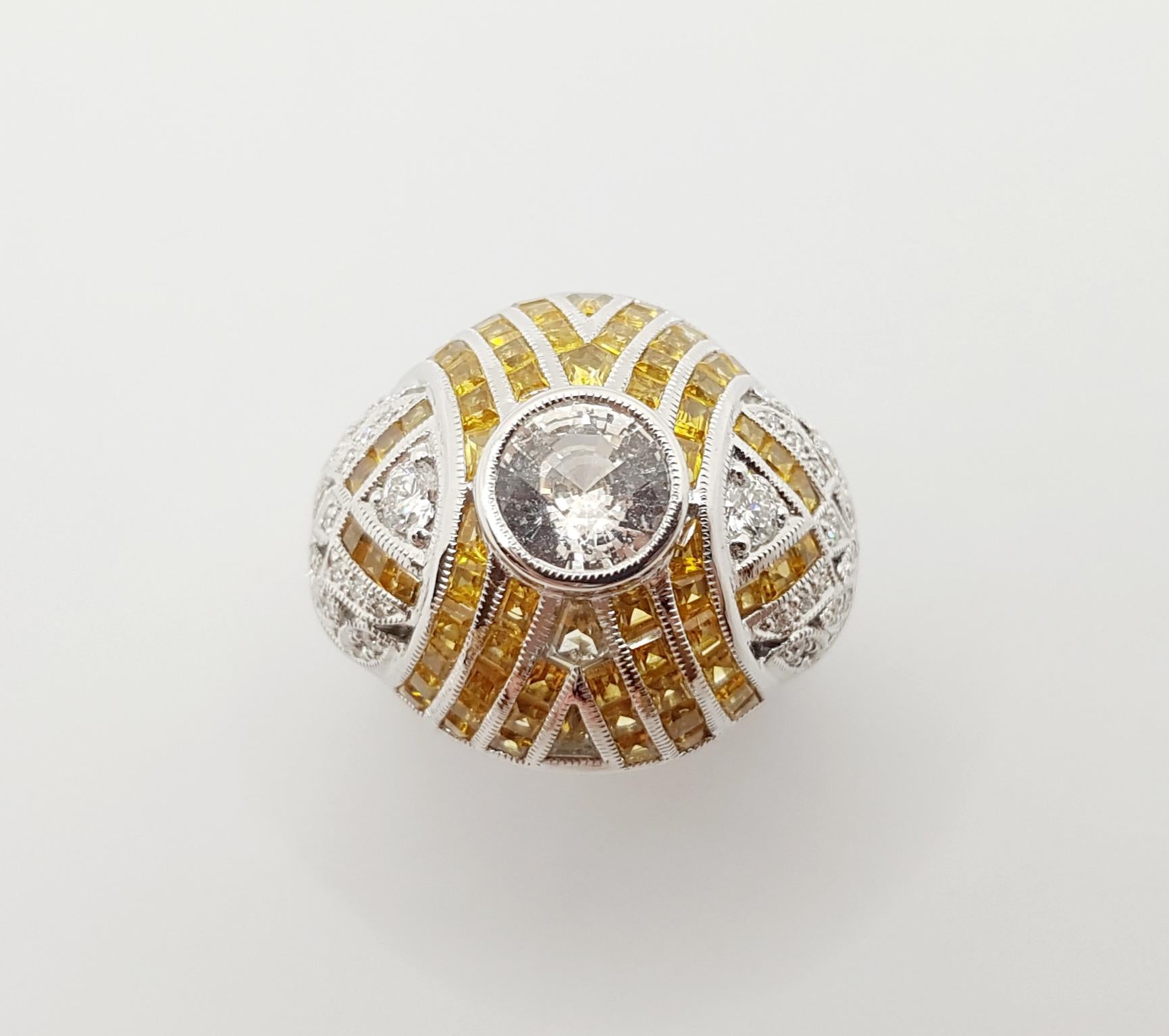 White Sapphire with Yellow Sapphire and Diamond Ring Set in 18 Karat White Gold For Sale 2