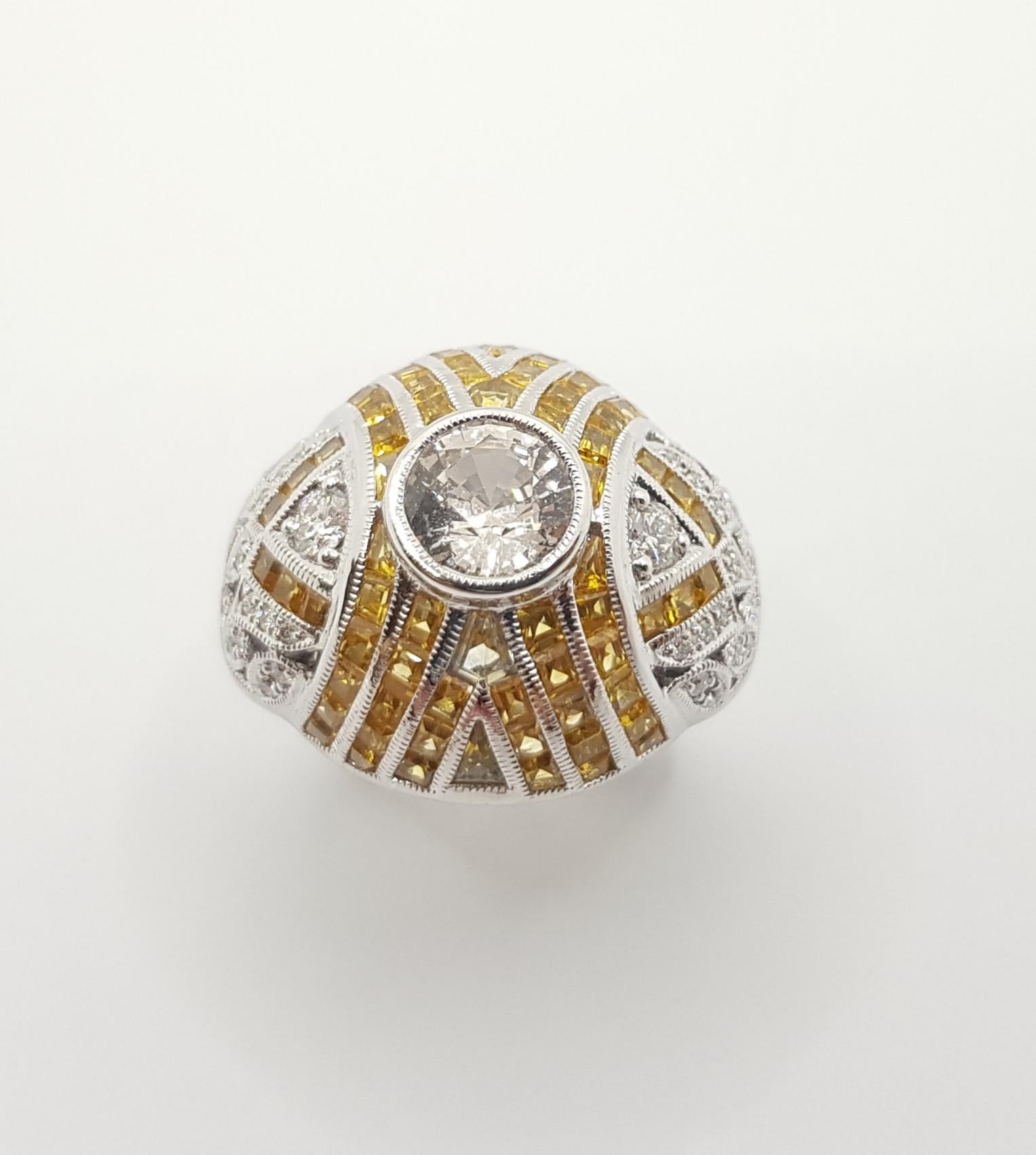 White Sapphire with Yellow Sapphire and Diamond Ring Set in 18 Karat White Gold For Sale 3