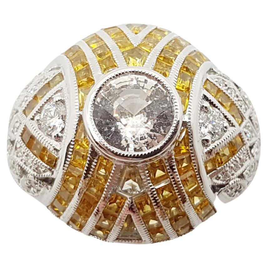 White Sapphire with Yellow Sapphire and Diamond Ring Set in 18 Karat White Gold For Sale