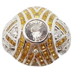White Sapphire with Yellow Sapphire and Diamond Ring Set in 18 Karat White Gold
